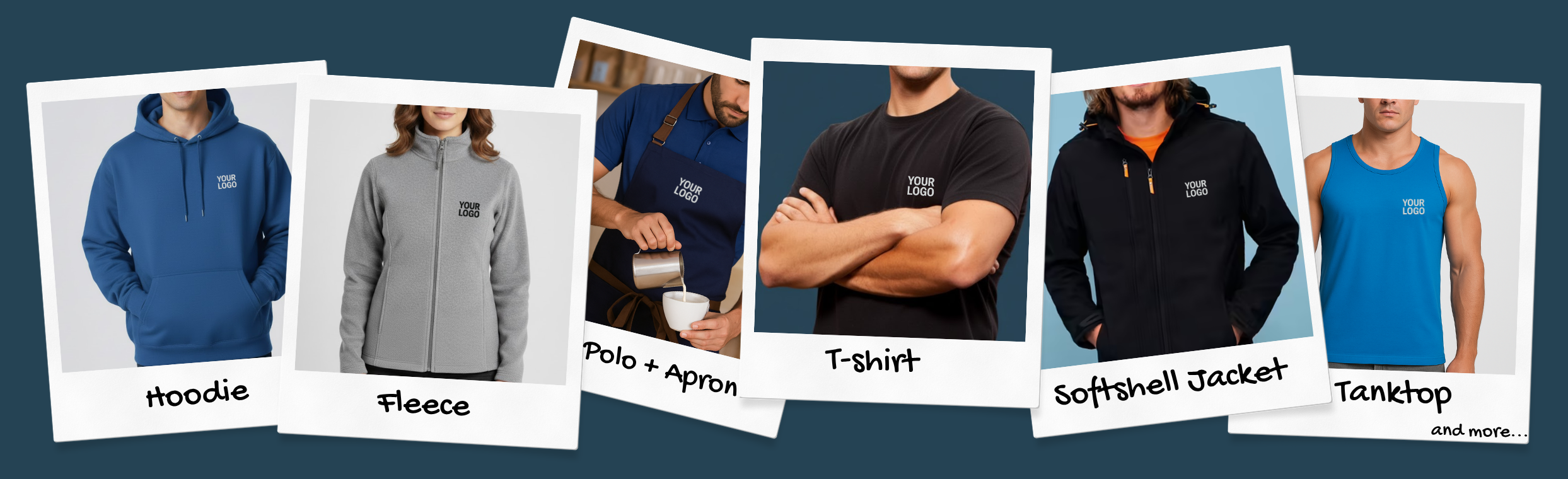 Collection of clothing items including a blue hoodie, gray fleece, polo with apron, black t-shirt, black softshell jacket, and blue tank top, each with customizable logo space.
