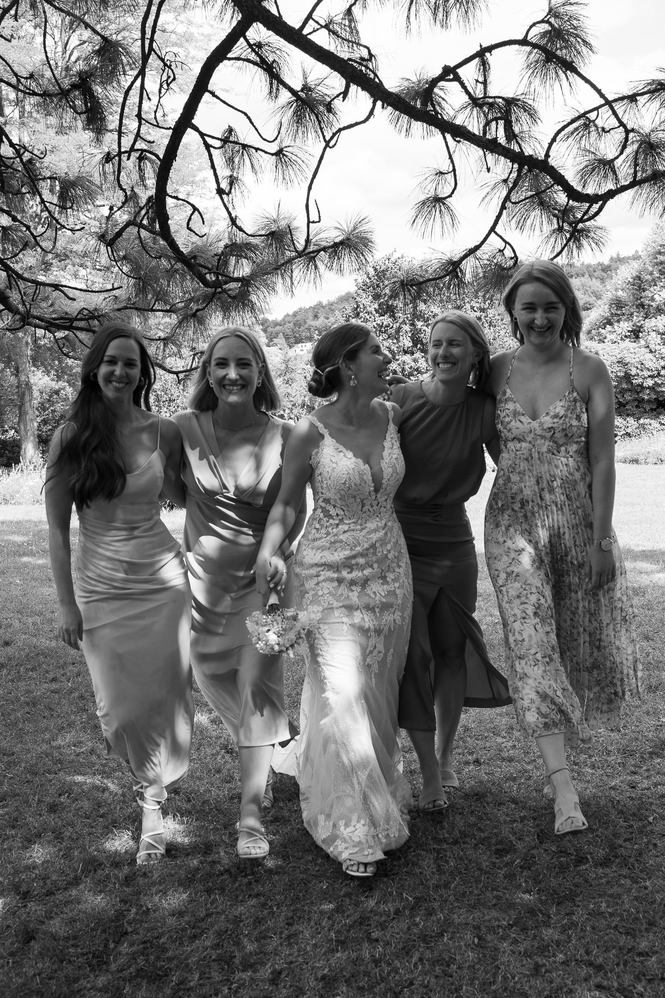 Fünf lachende Frauen beim Spaziergang im Park, eine trägt ein Hochzeitskleid, die anderen sind in Sommerkleidung, unter einem Baum. Dazu eine ländliche Landschaft im Hintergrund.