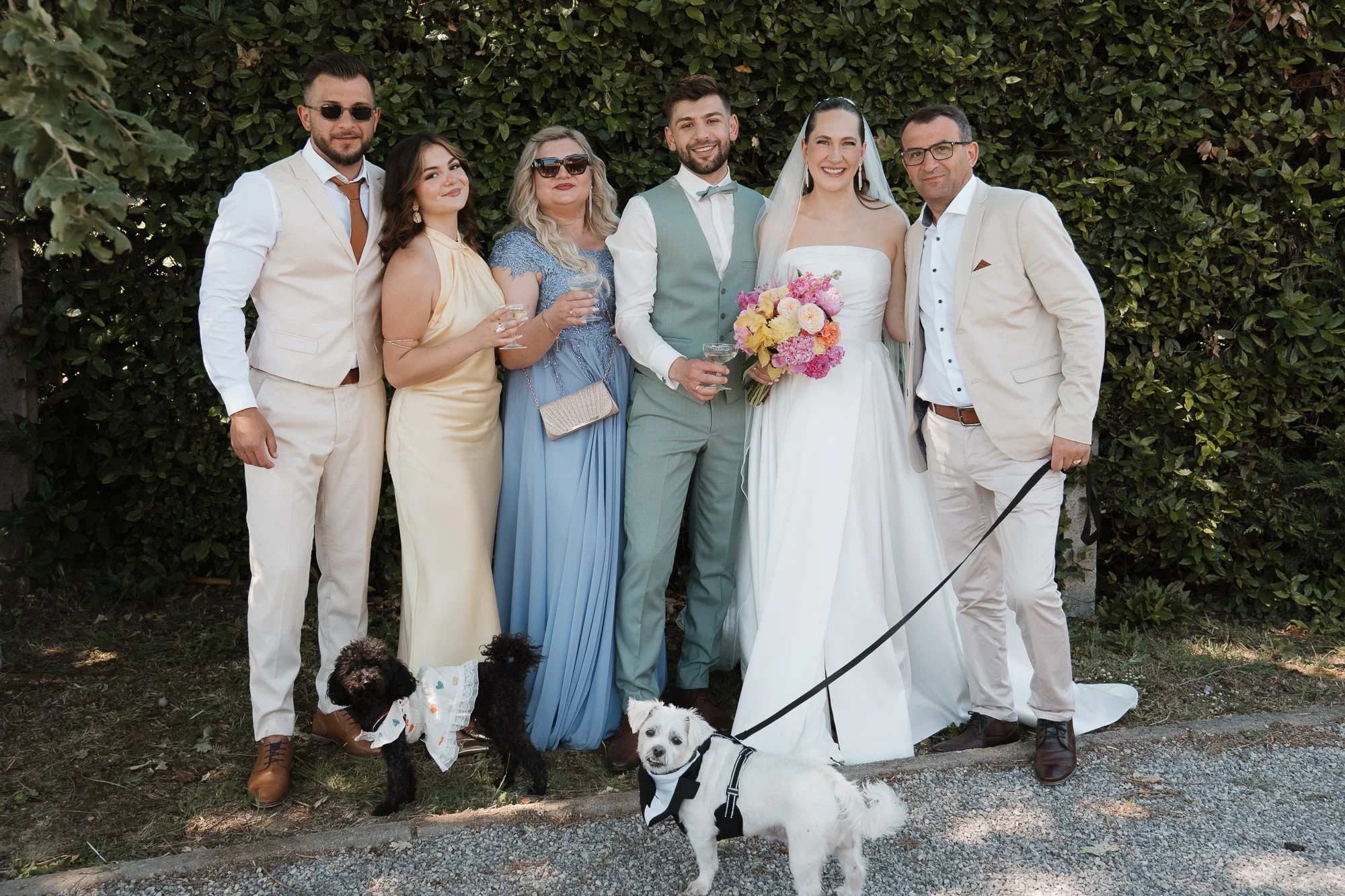Hochzeitspaar mit Freunden und Hunden im Garten