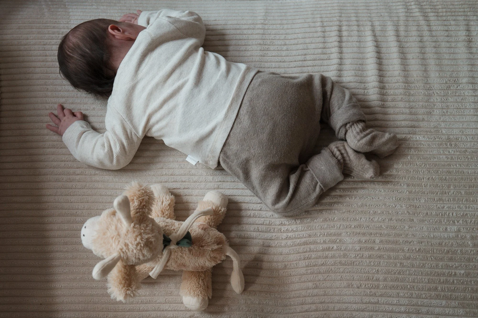 Ein kleiner Junge liegt schlafend auf einem beige-gestreiften Teppich, trägt eine cremefarbene Langarmshirt und graue Hosen, neben einem Plüschtier in Form eines Hundes.