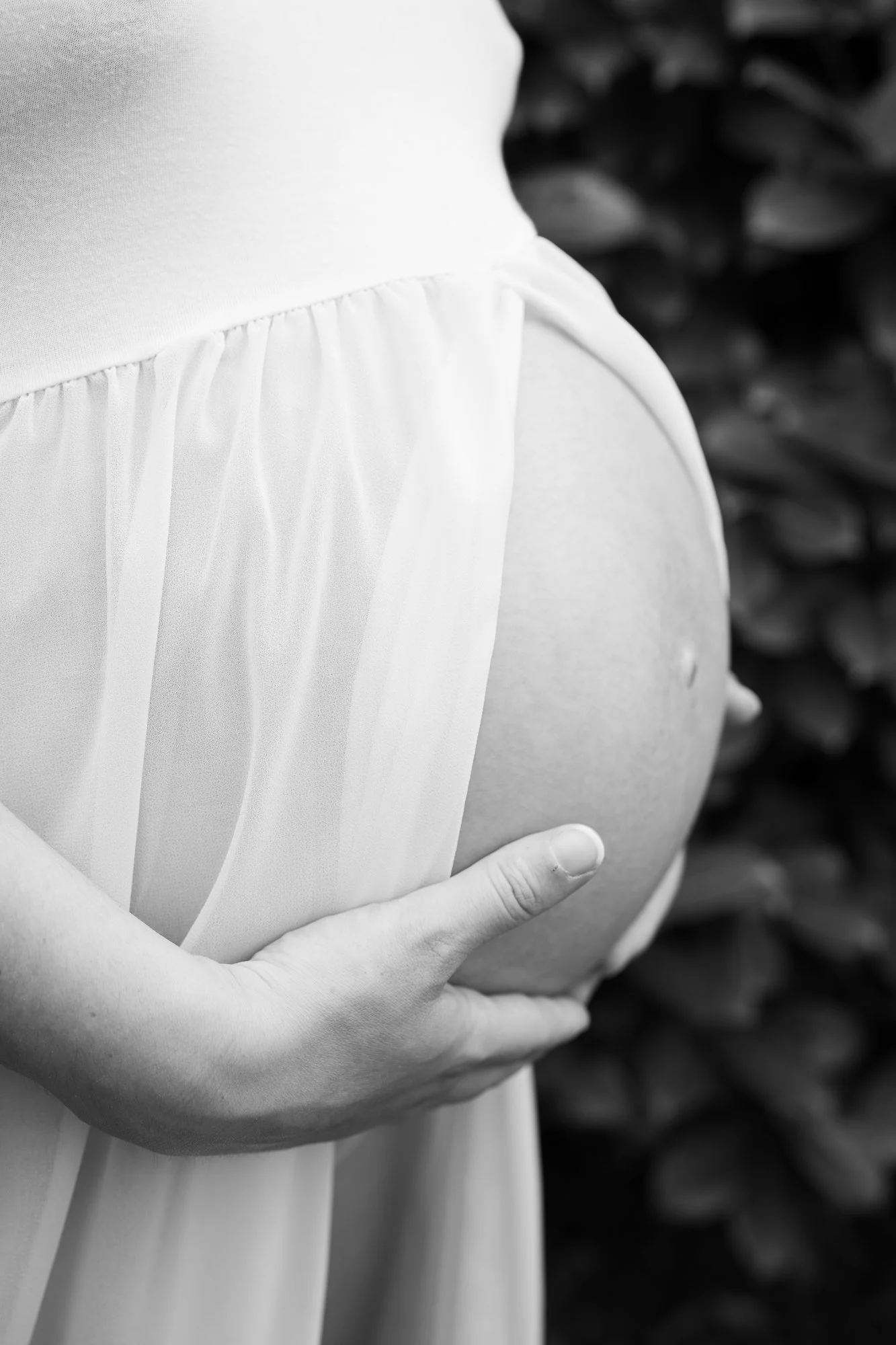 Schwarze und weiße Nahaufnahme einer schwangeren Frau, die ihren Bauch hält, mit einem Hintergrund aus Blättern.
