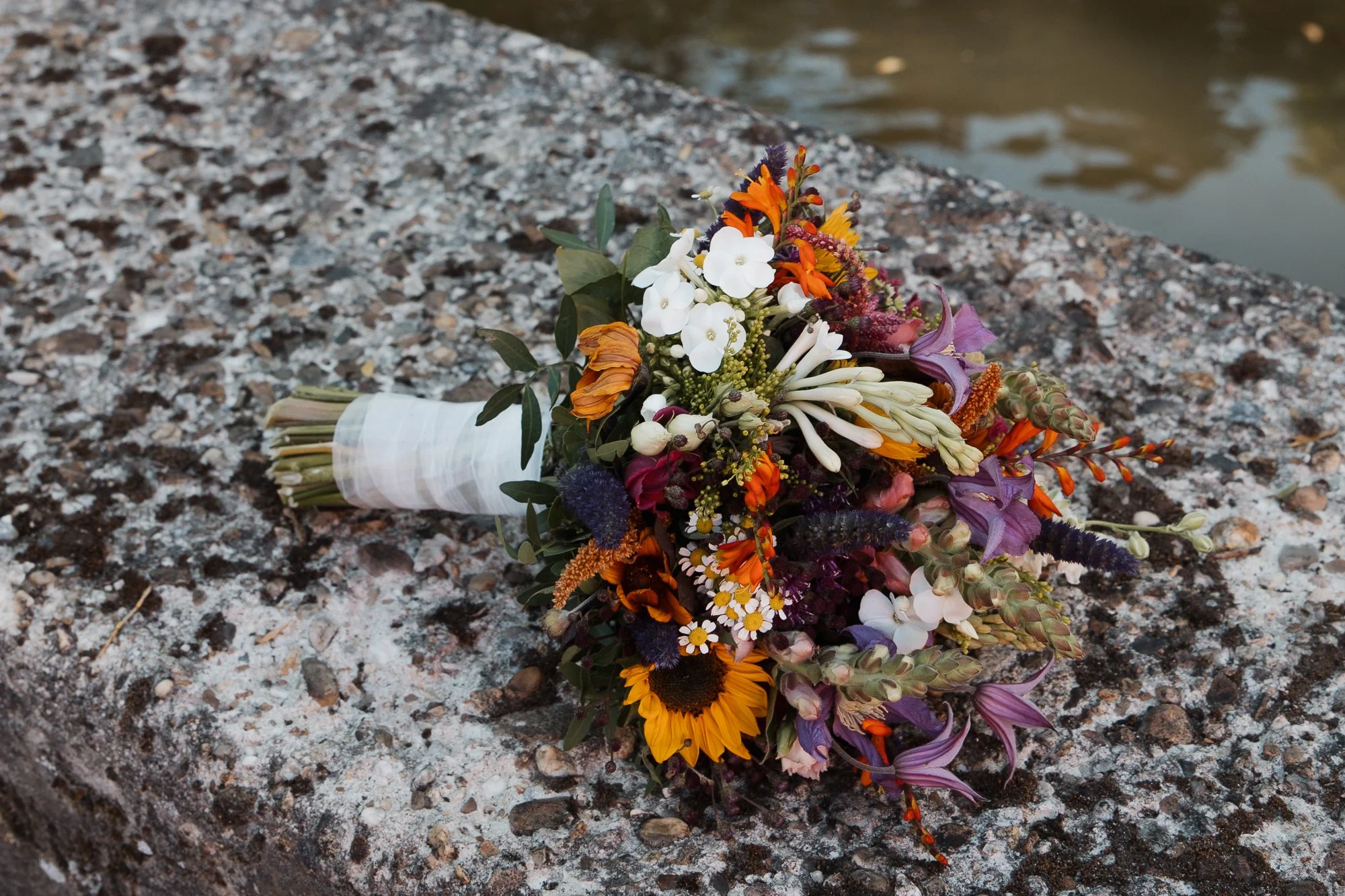 Blumenstrauß auf einem Stein neben Wasser