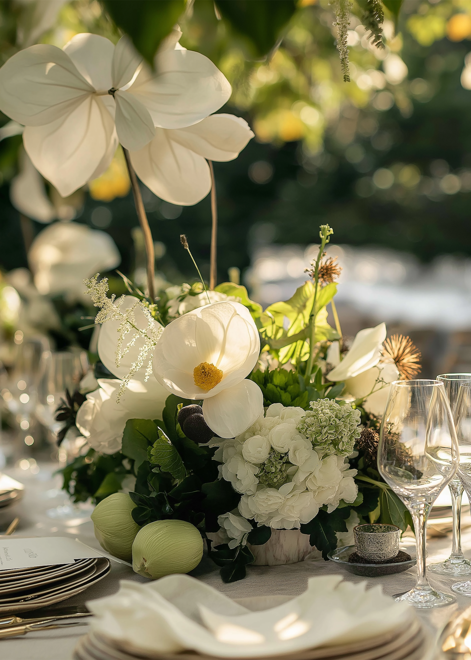 Elegant table centerpiece with white flowers, including calla lilies, hydrangeas, and orchids, on a white tablecloth with glasses, plates, and candles