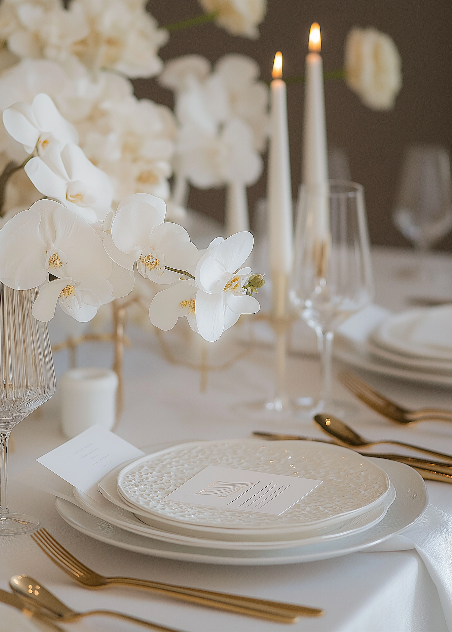 Table set for a meal with black plates, wine glasses, and floral centerpieces overlooking a rocky shoreline and ocean.