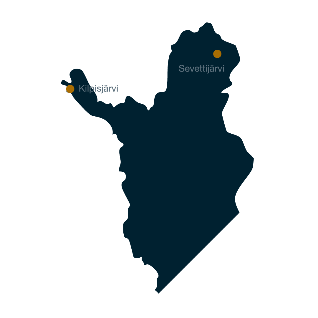 Pohjois-Suomen kartta, jossa on kaksi merkittyä järveä: Kilpisjärvi ja Sevettijärvi.