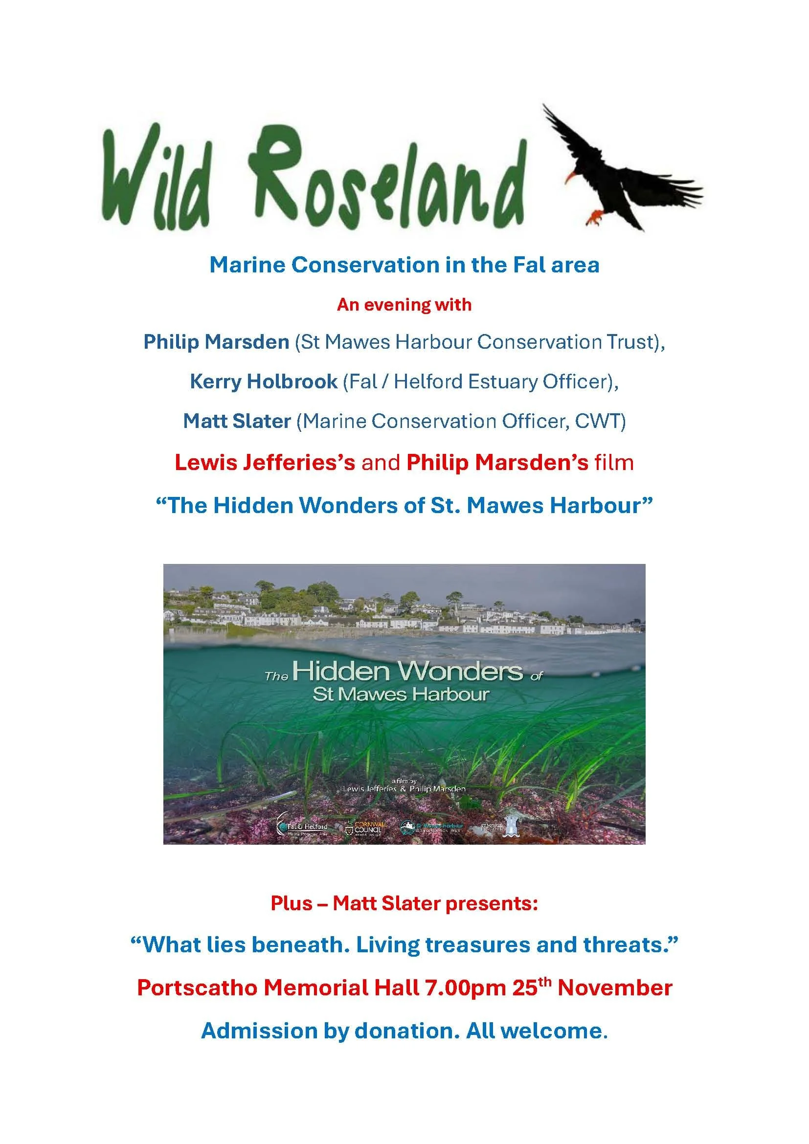 Flyer for Wild Roseland event about marine conservation at St. Mawes Harbour, featuring a film and presentation, scheduled for November 25th at 7:00 pm at Portscatho Memorial Hall.