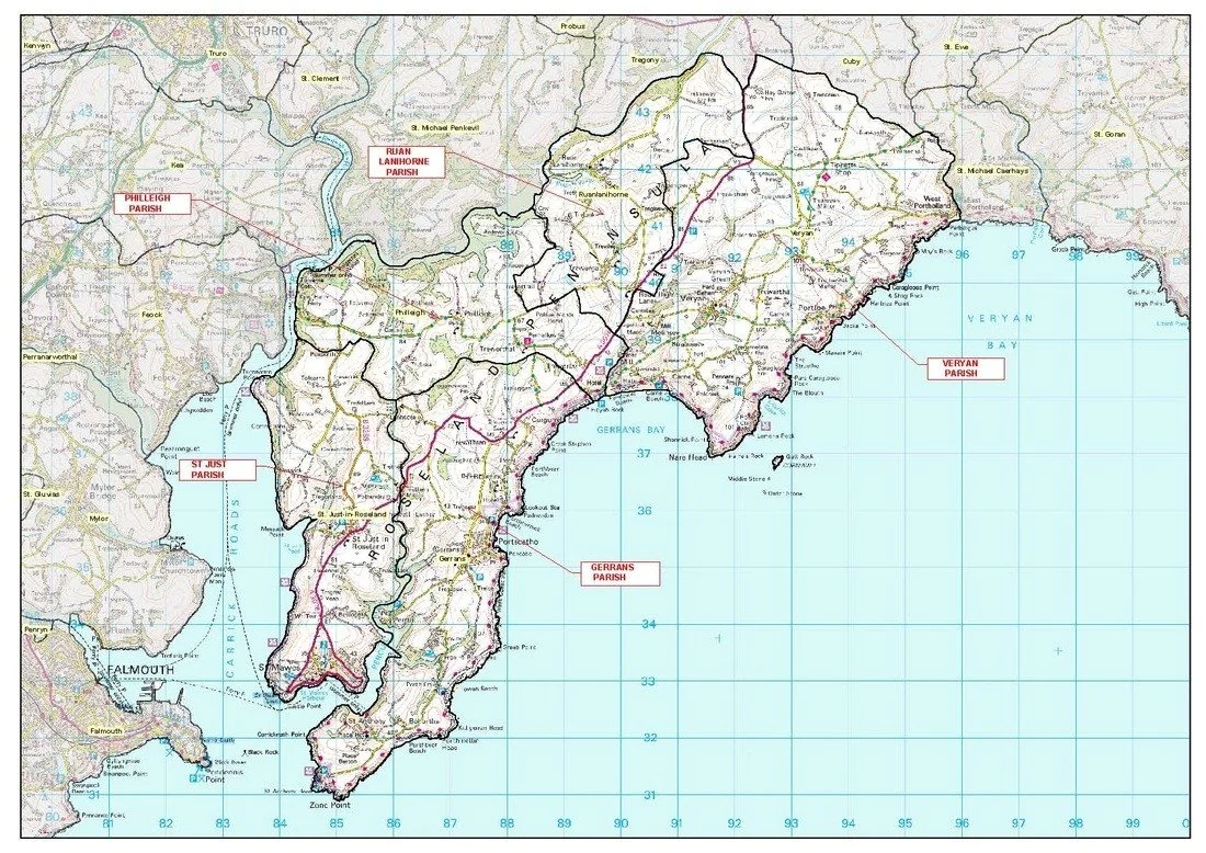 Map of a coastal region showing parish boundaries including Philleigh Parish, St Just Parish, Gerrans Parish, Veryan Parish, and Ruan Lanihorne Parish, with towns and geographic features labeled.
