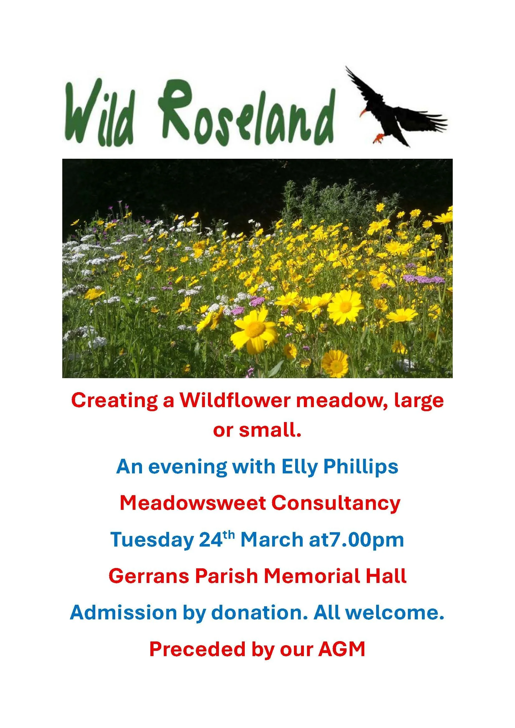 Flyer advertising a Wildflower meadow event with a photograph of a meadow filled with yellow and purple wildflowers. The flyer includes details about an evening with Elly Phillips, Meadowsweet Consultancy, at Gerrans Parish Memorial Hall on Tuesday, March 24th at 7:00 pm, with donation-based admission and a note that it is preceded by an AGM.