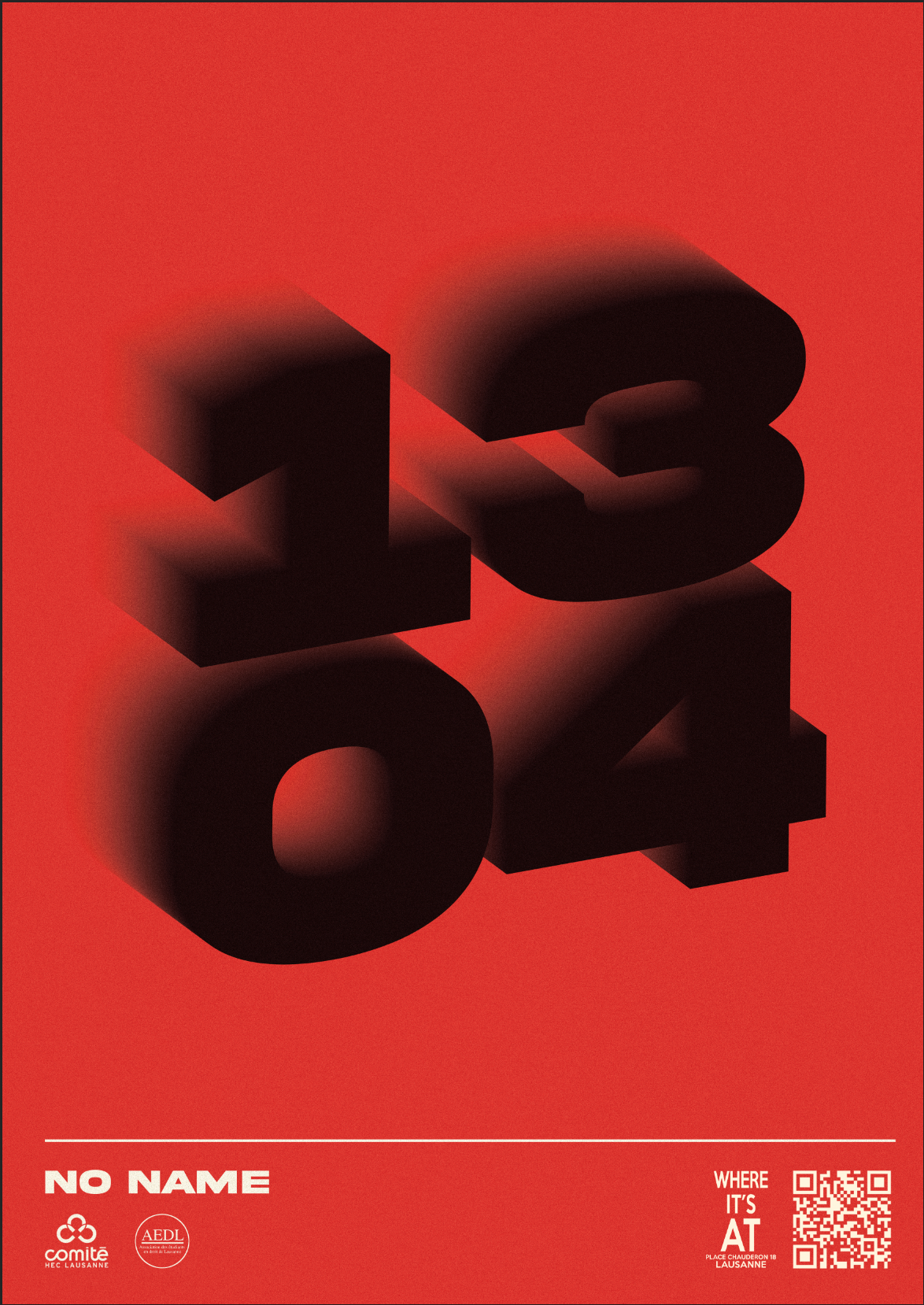 Red poster with black 3D word 'LOVE' and white text at the bottom that says 'NO NAME' and includes logos, a QR code, and location details.