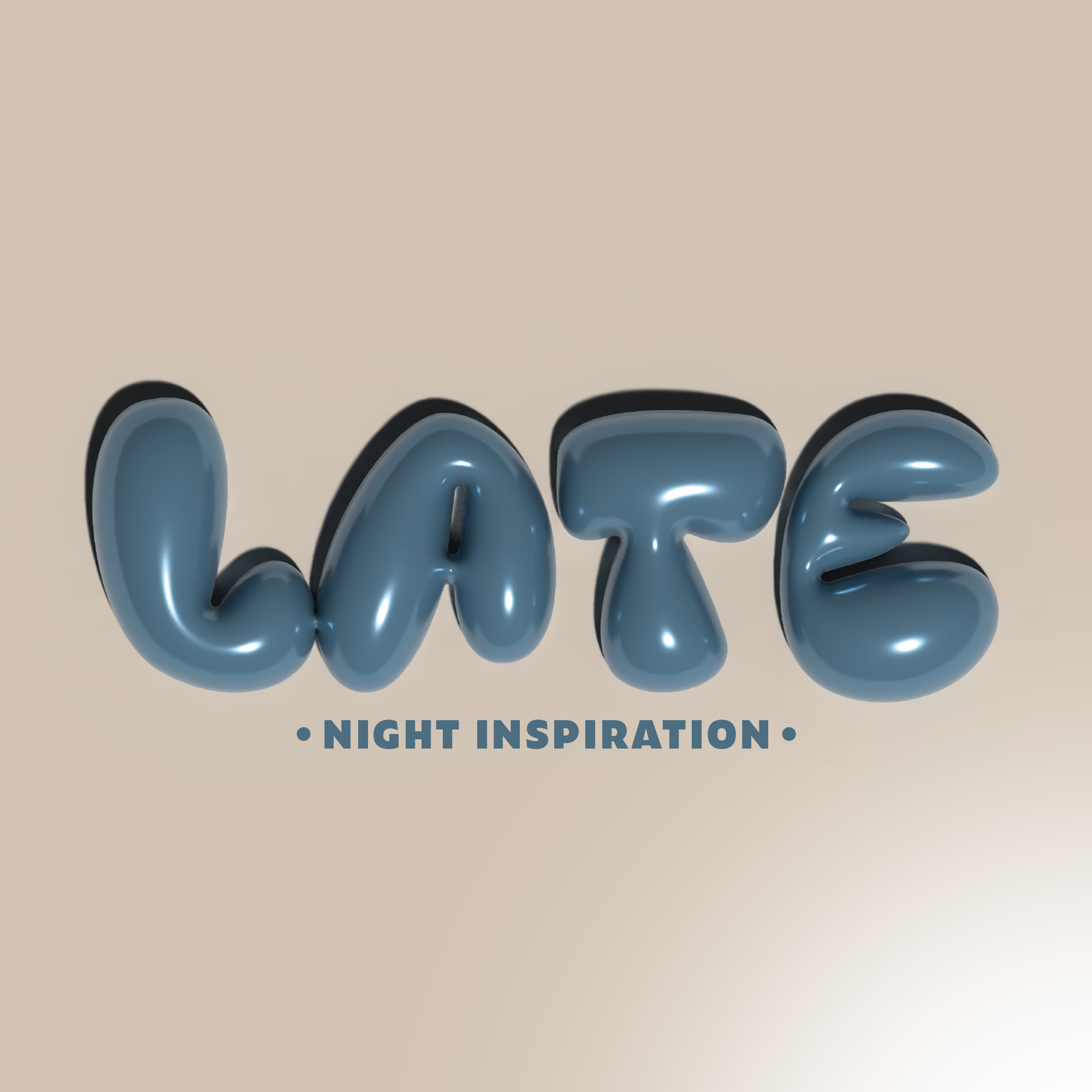 Stylized 3D metallic blue balloons spelling the word 'LOVE' with the phrase 'Night Inspiration' beneath on a beige background.