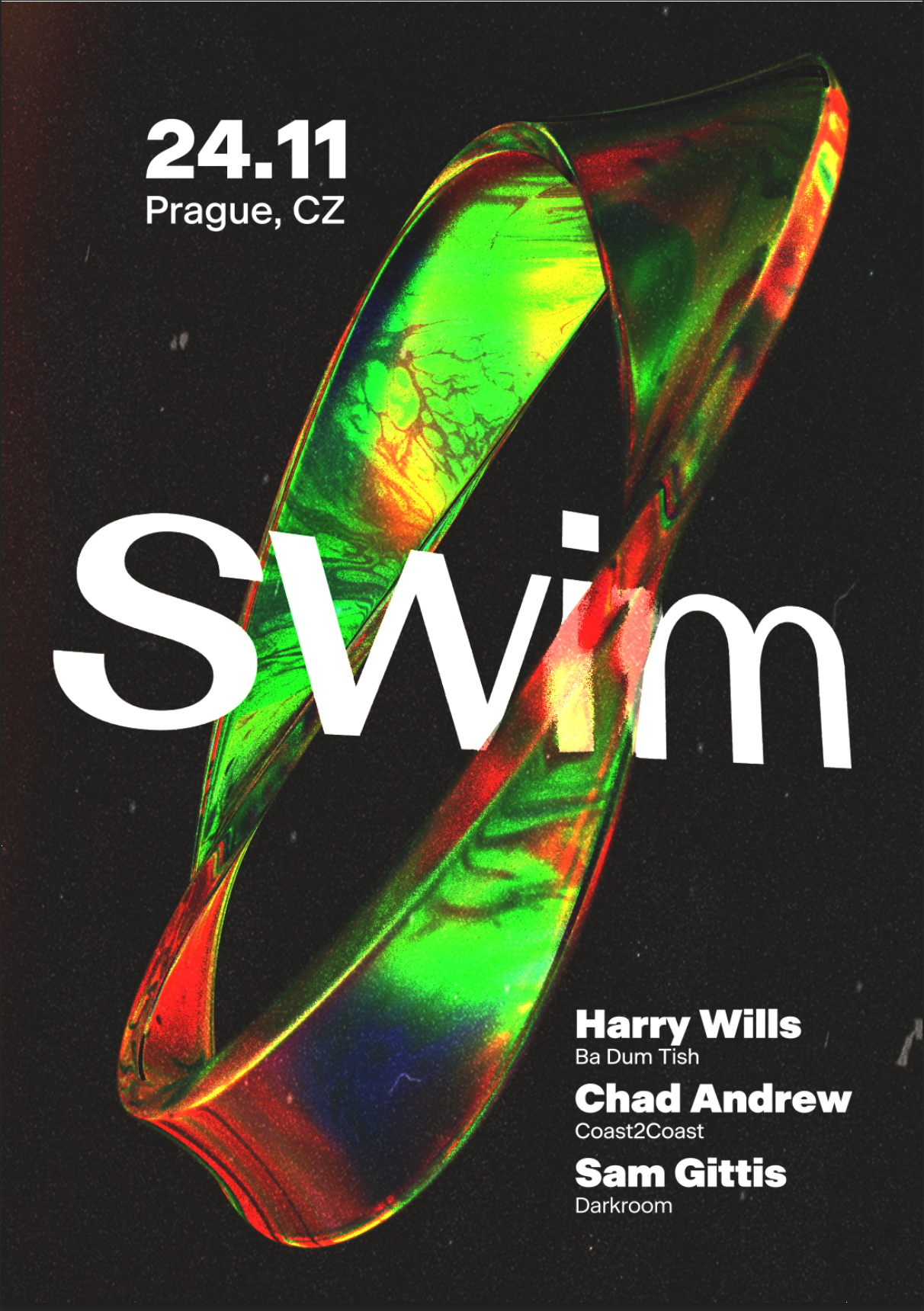 Digital poster featuring an iridescent, rainbow-colored ribbon-like structure against a black, starry background. The text indicates the event date as 24.11 in Prague, CZ, and the event name as Swüm. Names of three participants, Harry Wills, Chad Andrew, and Sam Gittis, are listed along with their affiliations.