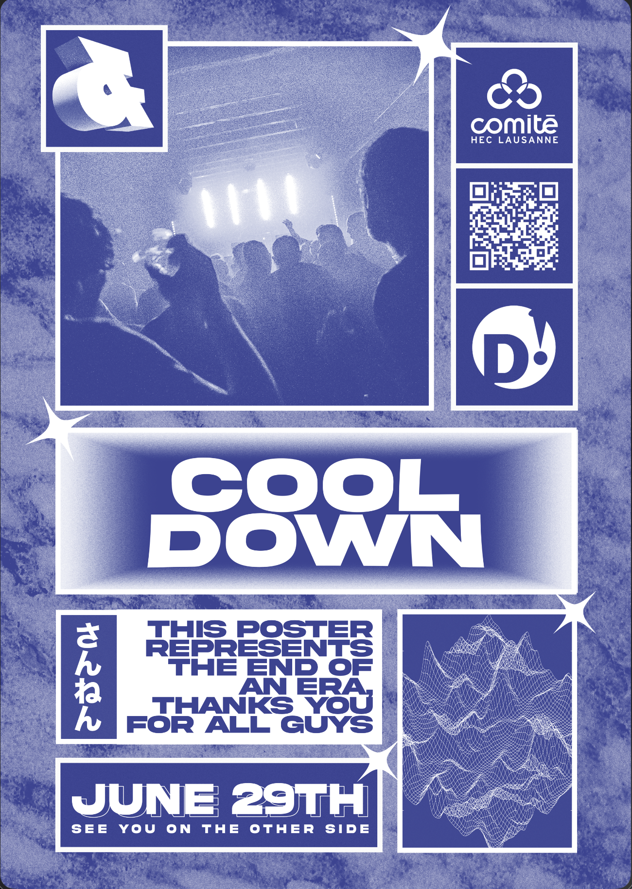 A promotional poster for an event titled 'Cool Down' with a blue and white color scheme. It features an image of a crowd at a concert or party, logos, a QR code, and a digital wave graphic. The poster includes the date June 29th and additional information.