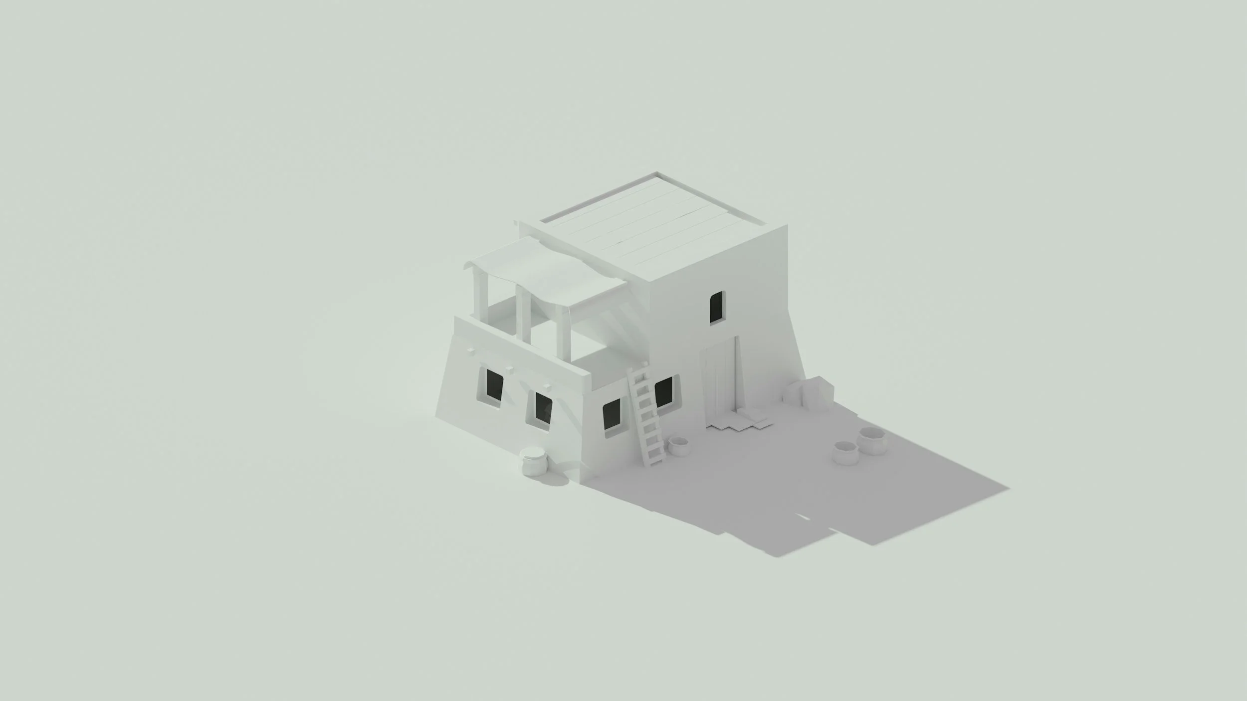 White minimalist house model with stairs leading to a rooftop terrace, small potted plants outside, and black window frames, on a light background.