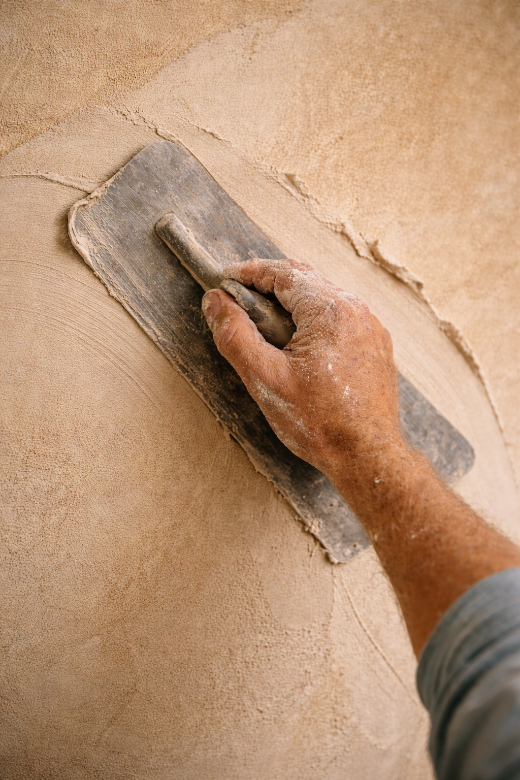 A hand using a trowel to smooth fresh plaster on a wall.