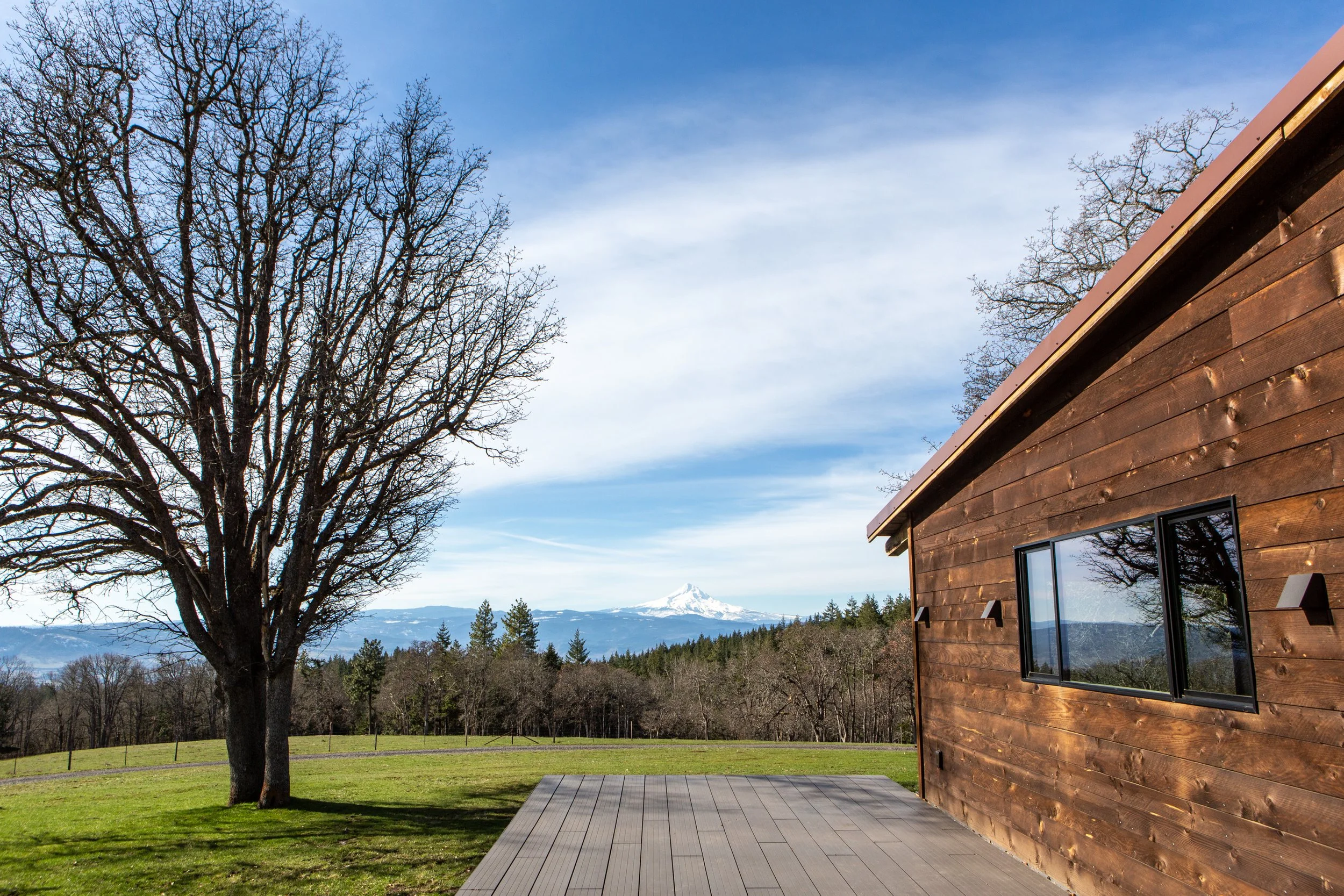 A wooden house with a large window reflecting a leafless tree, a green yard, and forested hills with a snow-capped mountain in the background under a blue sky with some clouds.