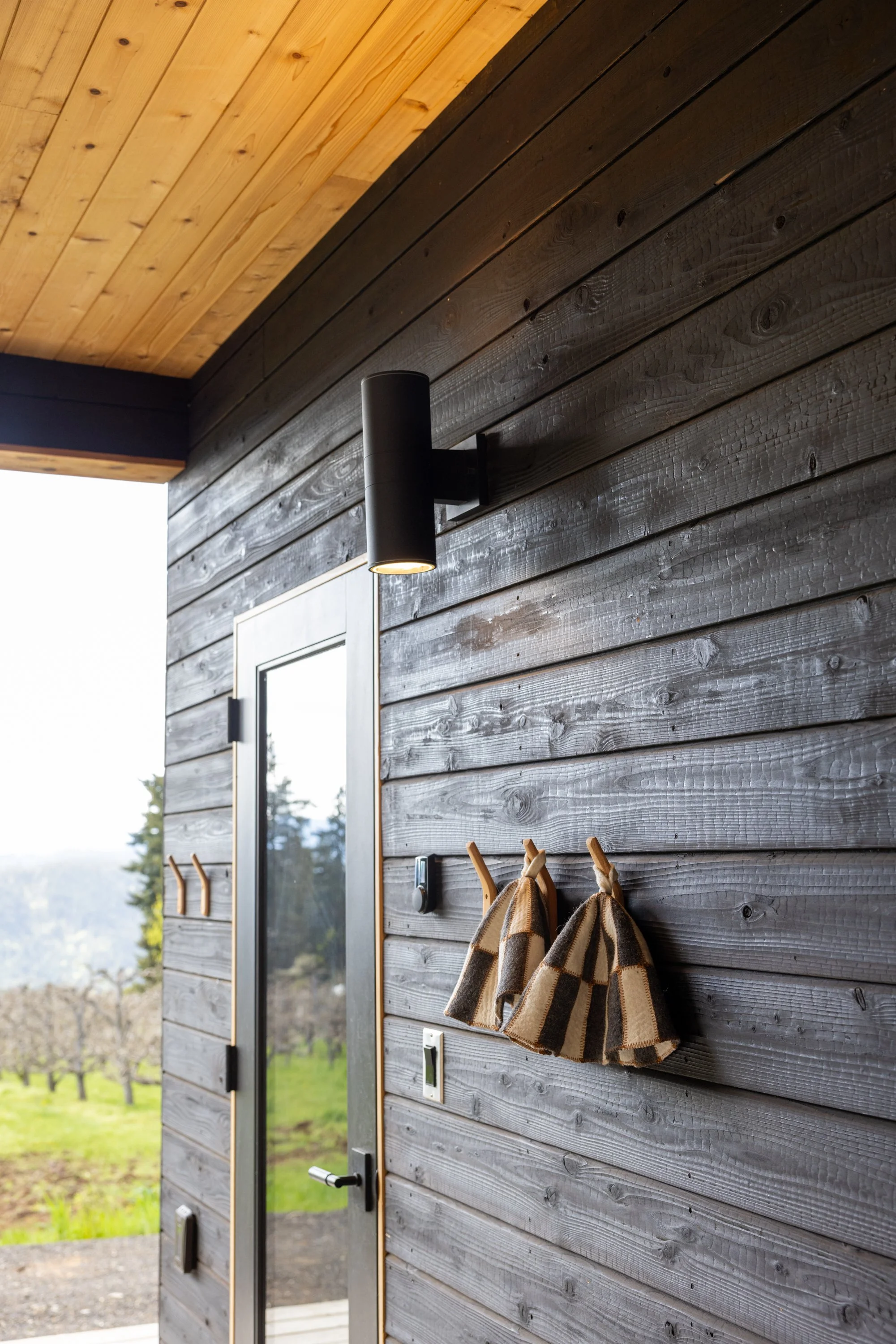 Close-up of a modern exterior wall with gray wooden siding, a glass door with a metal frame, a black outdoor light fixture, hooks with hanging brown plaid bags, and a background view of trees and a cloudy sky.