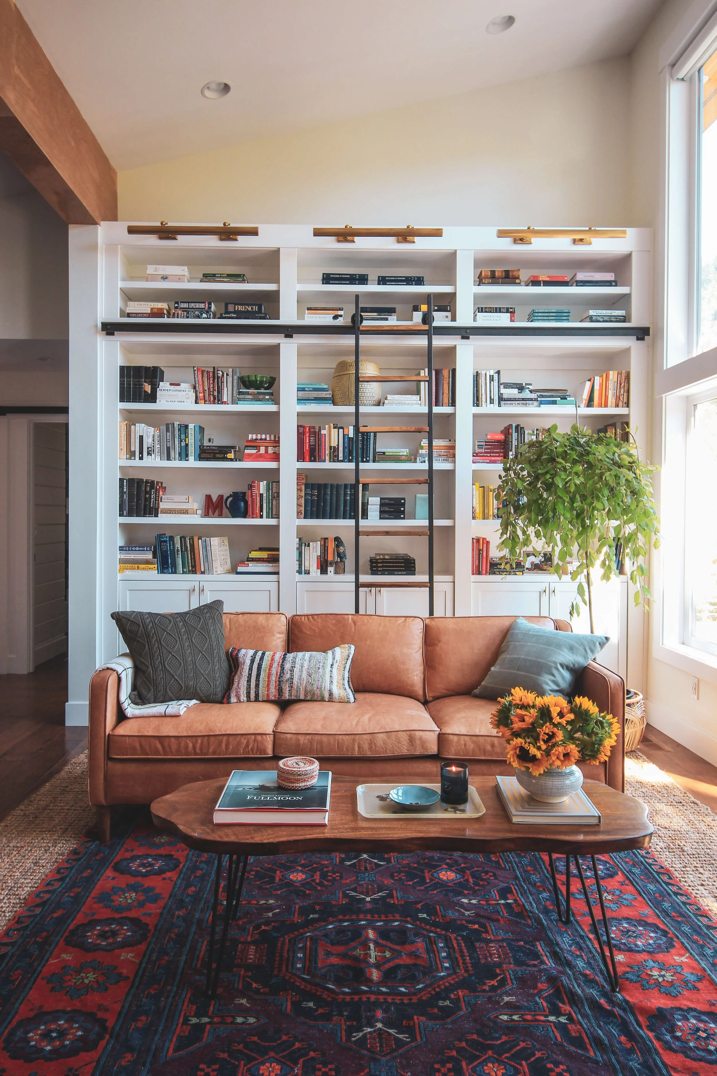 Living room with a pink leather sofa, patterned cushions, a wooden coffee table with books and decorative items, a Persian rug, a large white bookshelf filled with books, a green potted plant, and a large window allowing natural light.