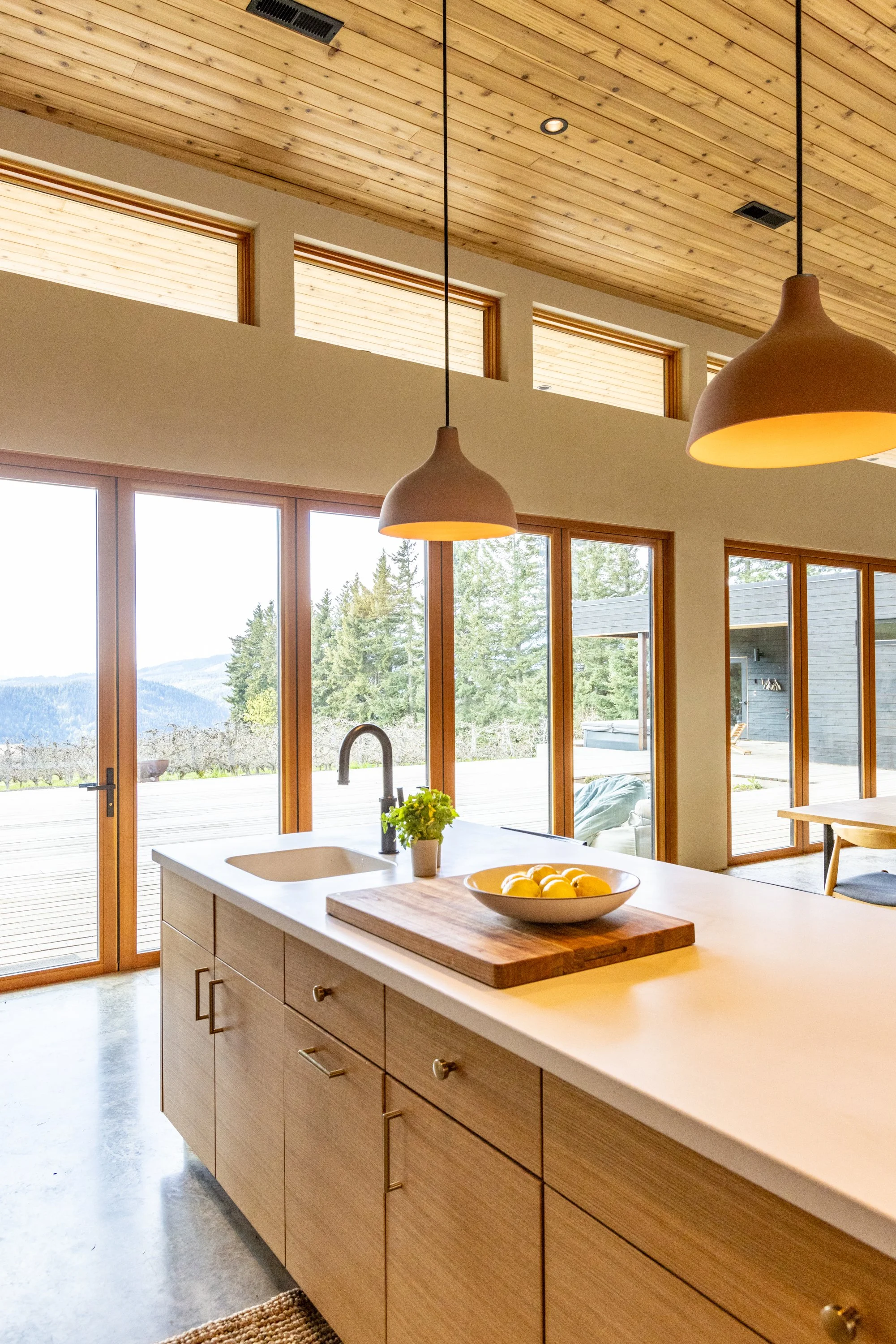 Modern kitchen with large windows, wooden ceiling, and pendant lights, featuring a kitchen island with a bowl of lemons, a potted plant, and a view of trees and mountains outside.