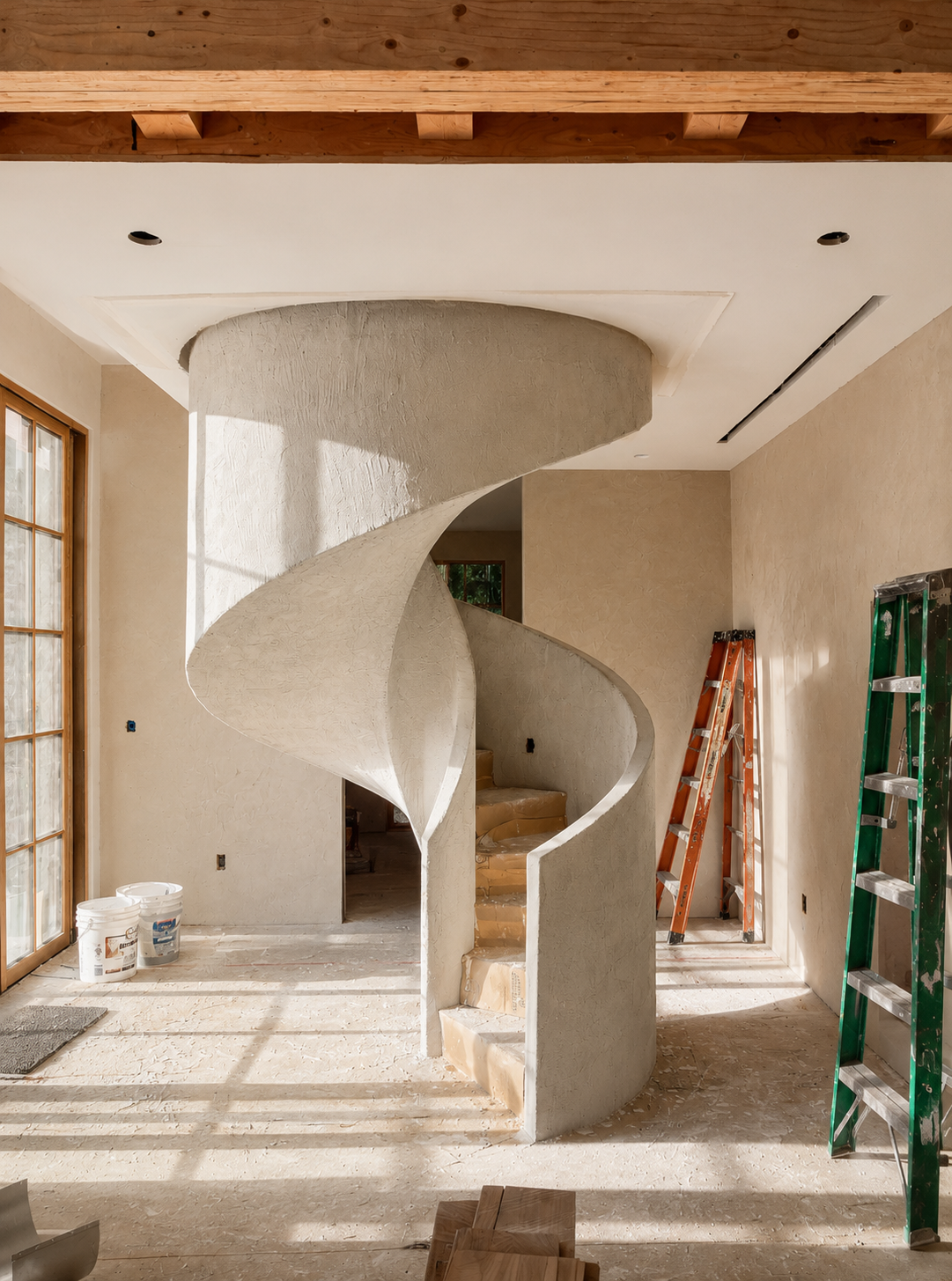 Interior view of a house under construction featuring a curved, modern staircase with beige concrete steps and a textured wall. Construction ladders and buckets are present, with natural light streaming in through large windows.