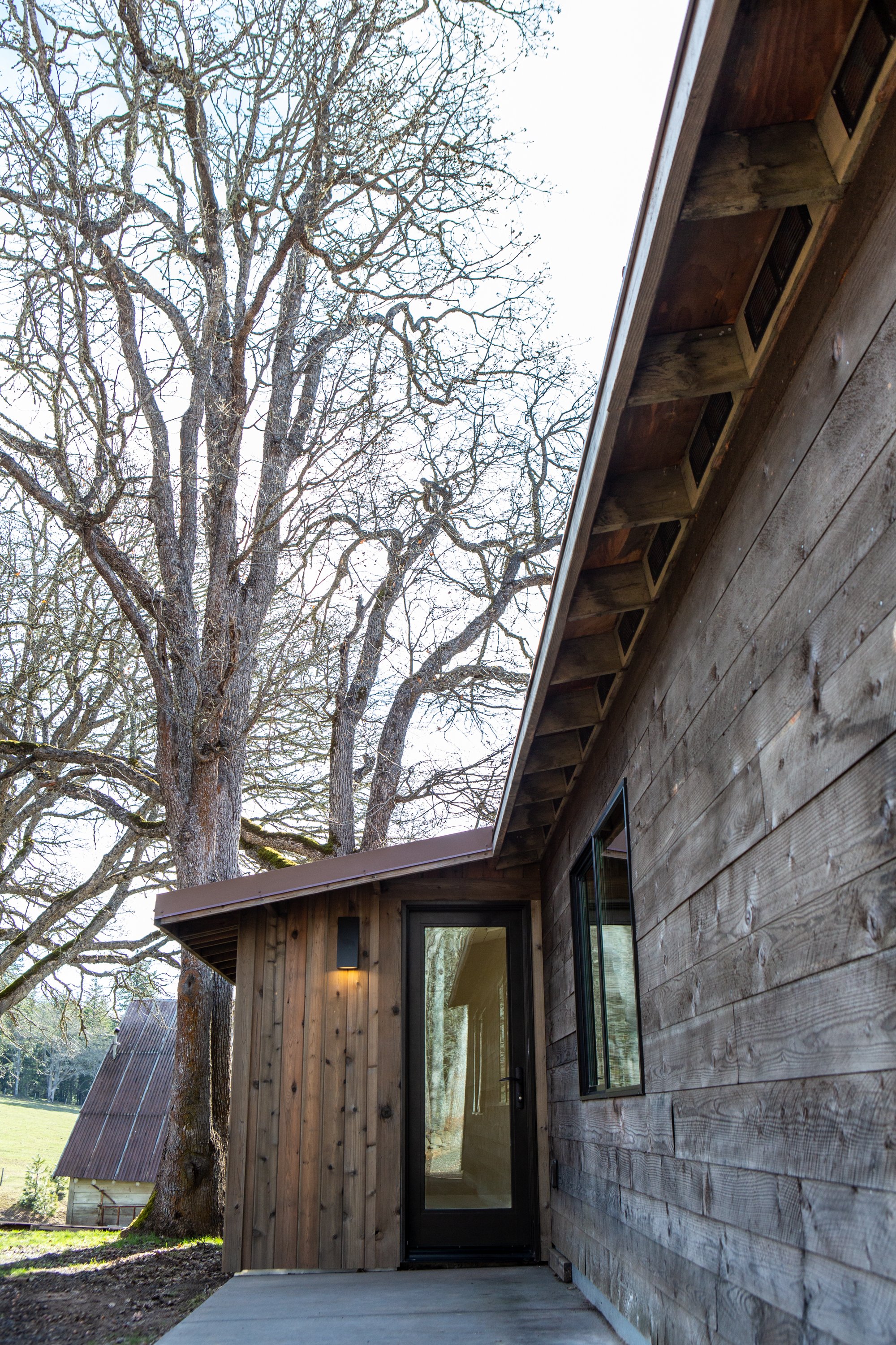 A wooden house with a large window and glass door, next to a large leafless tree, with a small yard and a neighboring building visible in the background. The house has horizontal wood siding and a concrete walkway in front.