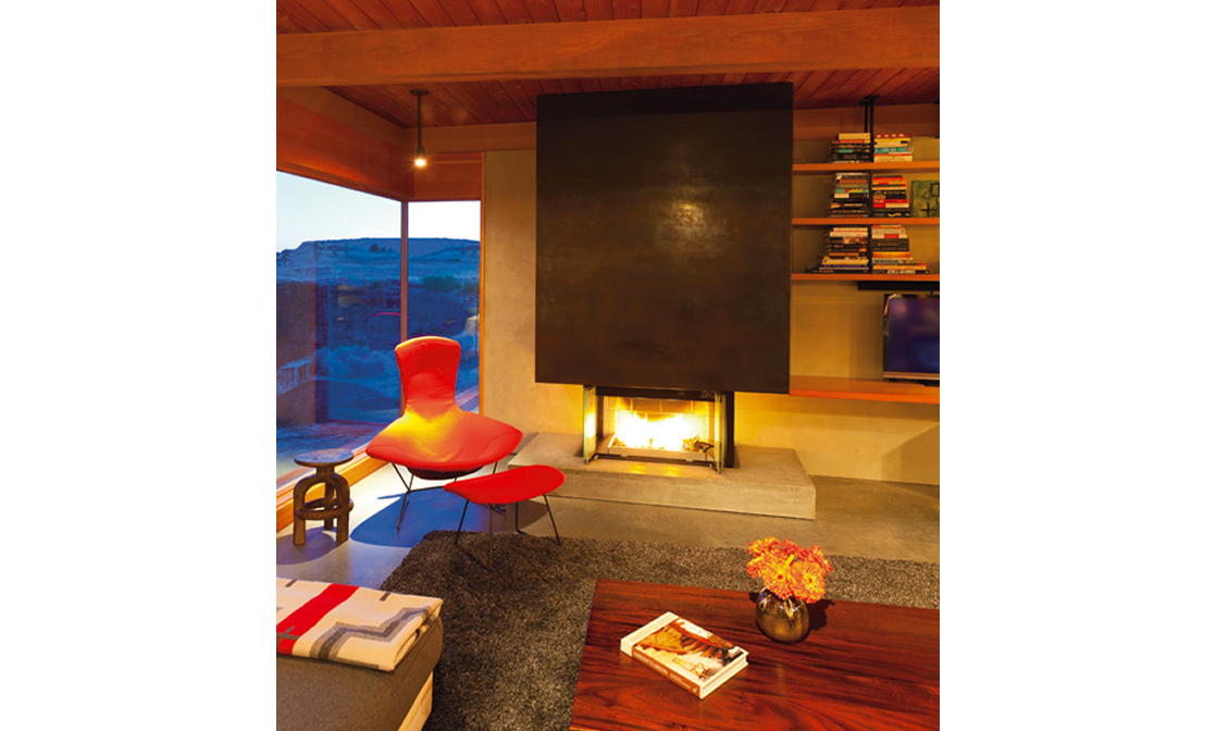 Living room with a red modern lounge chair, a glass fireplace, a wooden bookshelf filled with books, a TV, a wooden coffee table with a flower vase and books, and a large window showing an outdoor view.