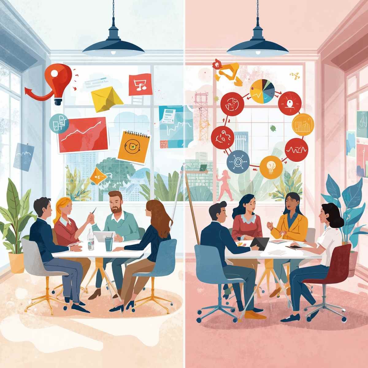 Two different teams of people discussing round a table
