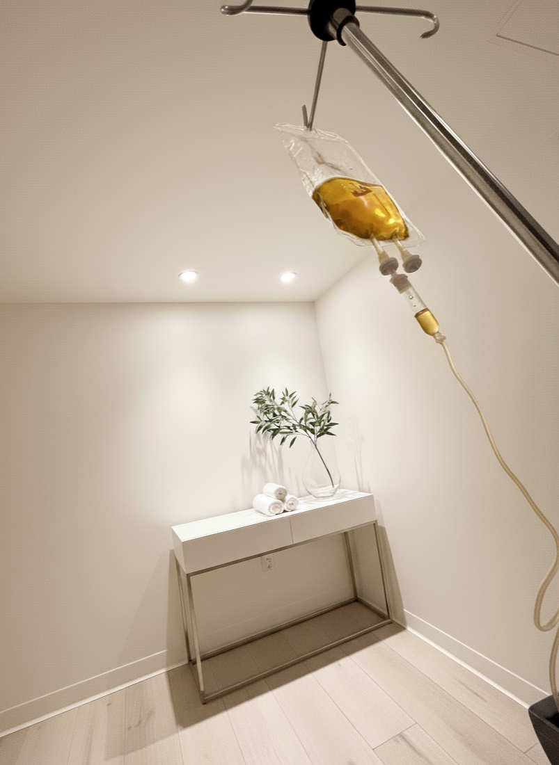 An IV drip bag hanging from a metal stand in a minimalist room with a white wall, a small white table, and a glass vase with greenery.
