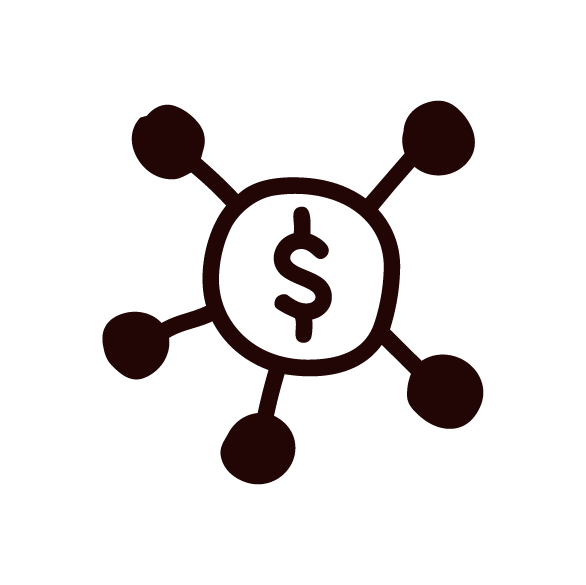 Icon of a dollar sign in the center with lines connecting to five circles around it, representing financial network or connections.