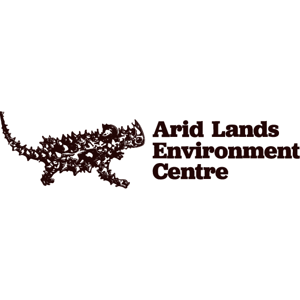 Logo for Arid Lands Environment Centre with a lizard illustration and text.