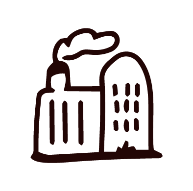 Outline drawing of a factory with smoke coming out of a chimney.