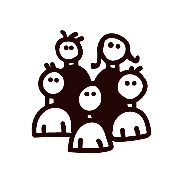 Illustration of six smiling simple cartoon characters with round heads, two eyes, and hair, arranged in a group and facing forward.