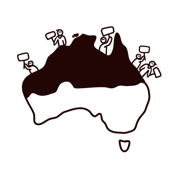Outline map of Australia with stick figures holding signs and standing on different parts of the map.