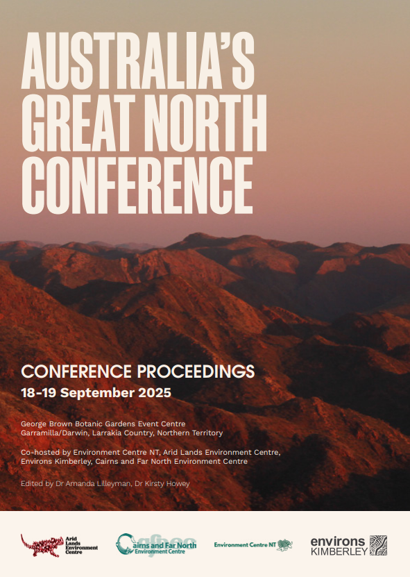 Poster promoting Australia’s Great North Conference scheduled for September 18-19, 2025, at the George Brown Botanic Gardens Event Centre in Garmarilla/Darwin, Northern Territory, featuring a landscape photo of mountain ranges at sunset or sunrise.