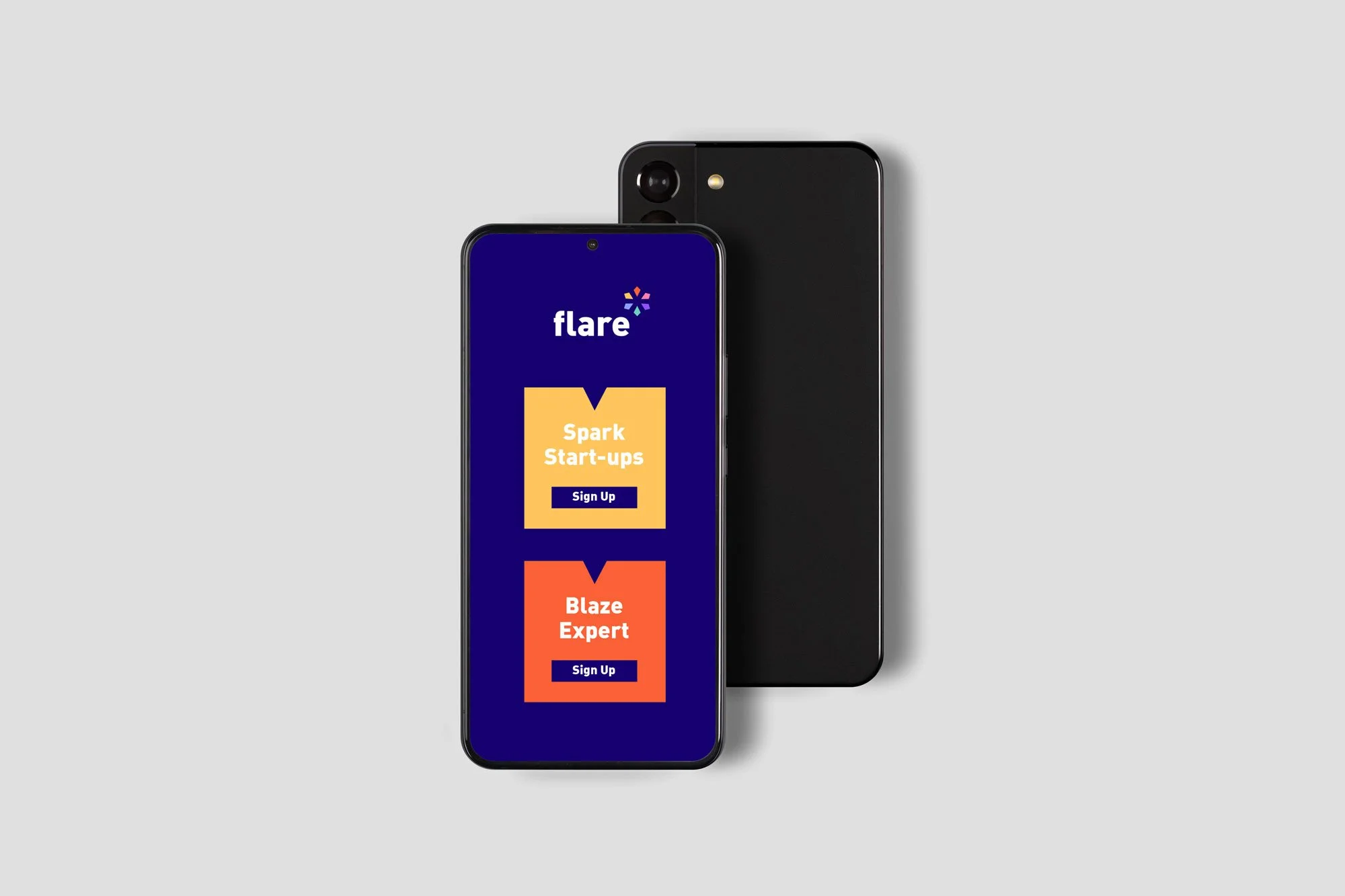 Two smartphones, one showing a screen with the Flare app featuring options for Spark Start-ups and Blaze Expert, and the other turned around showing a black back with a camera in the top left corner, placed on a light gray background.