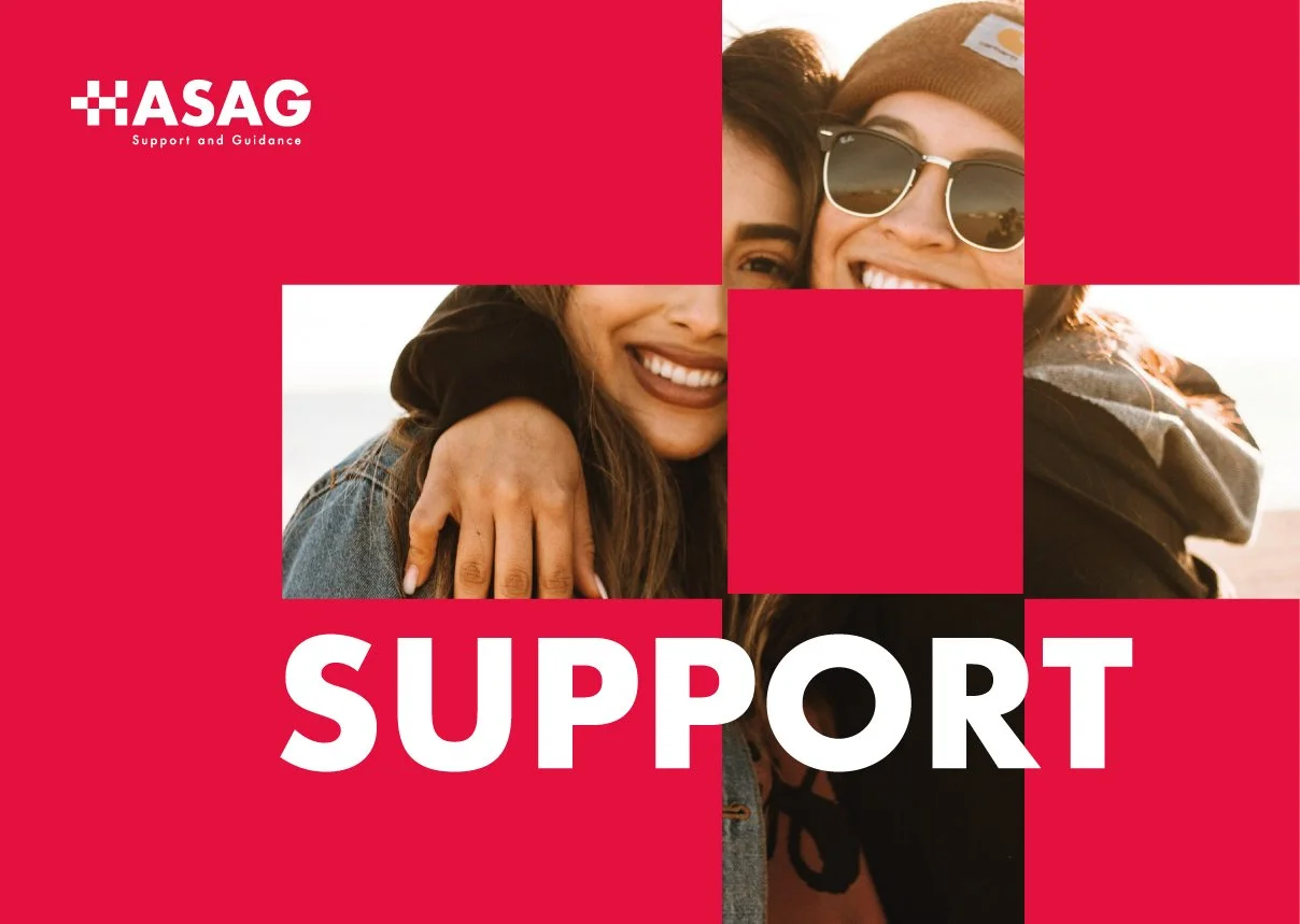 Support and guidance graphic with a photo of smiling people hugging and supporting each other, over a red background, featuring the ASAG logo and the word "Support" in bold white letters.