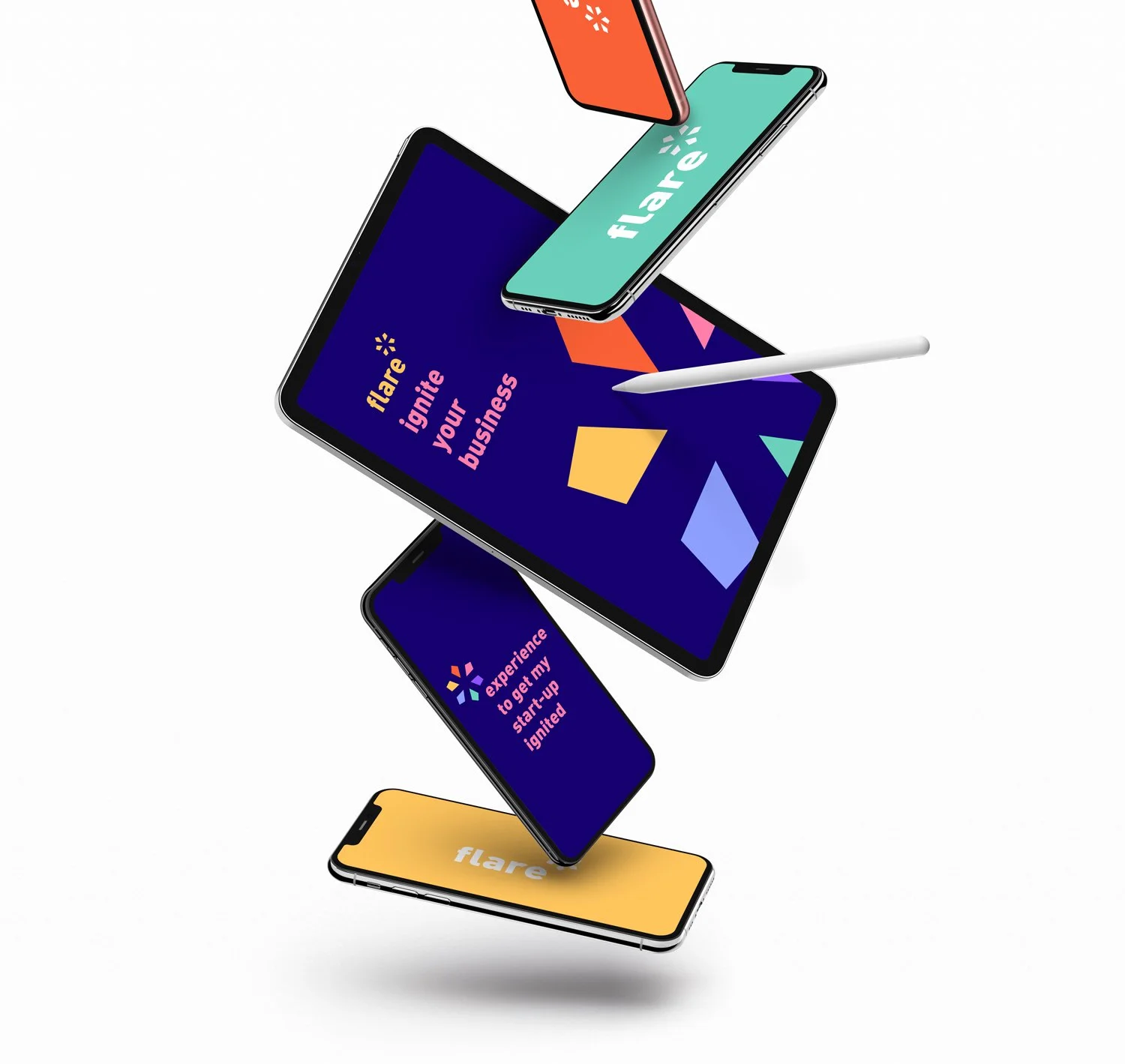 Multiple smartphones and a tablet floating in mid-air with colorful text and graphics promoting a business startup event.