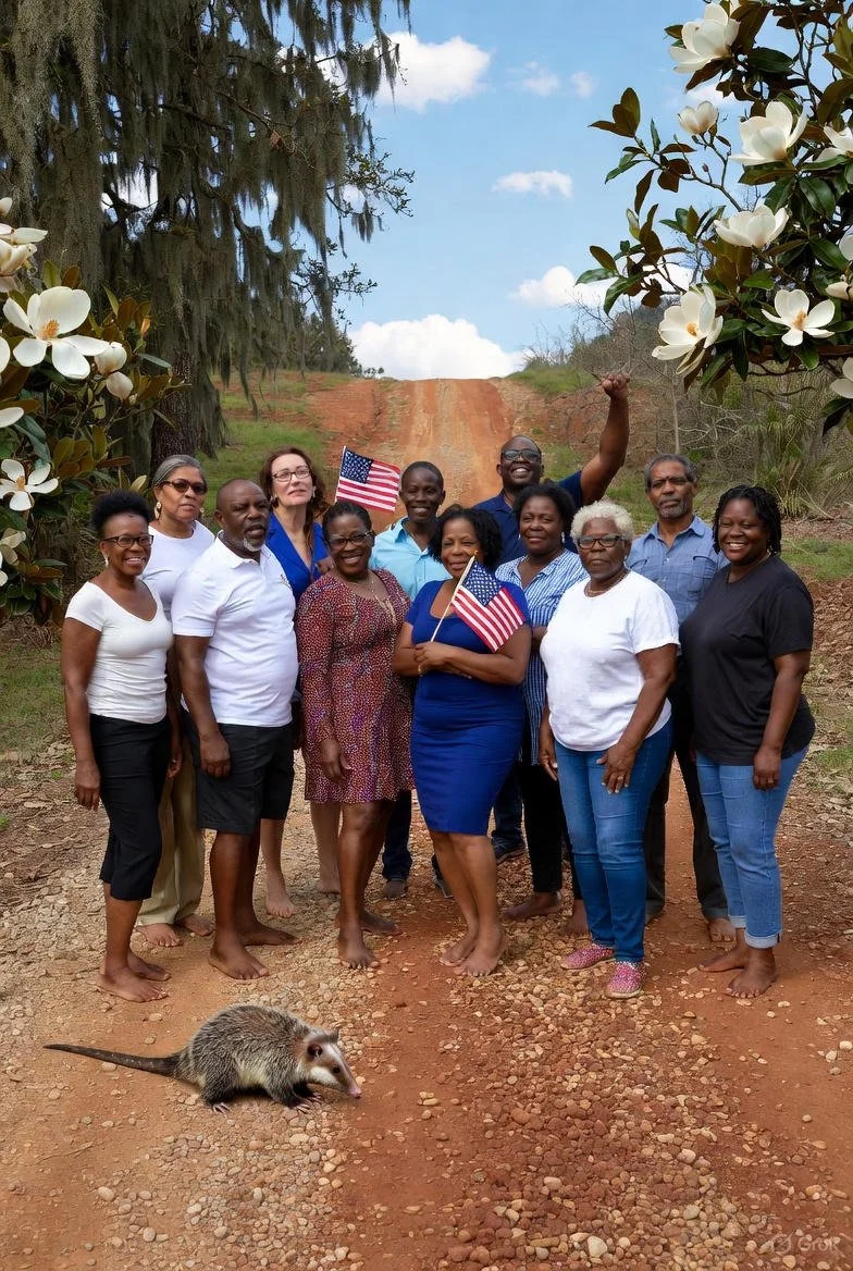 This picture shows a culturally diverse neighbor set from Gadsden with a possum in the foreground