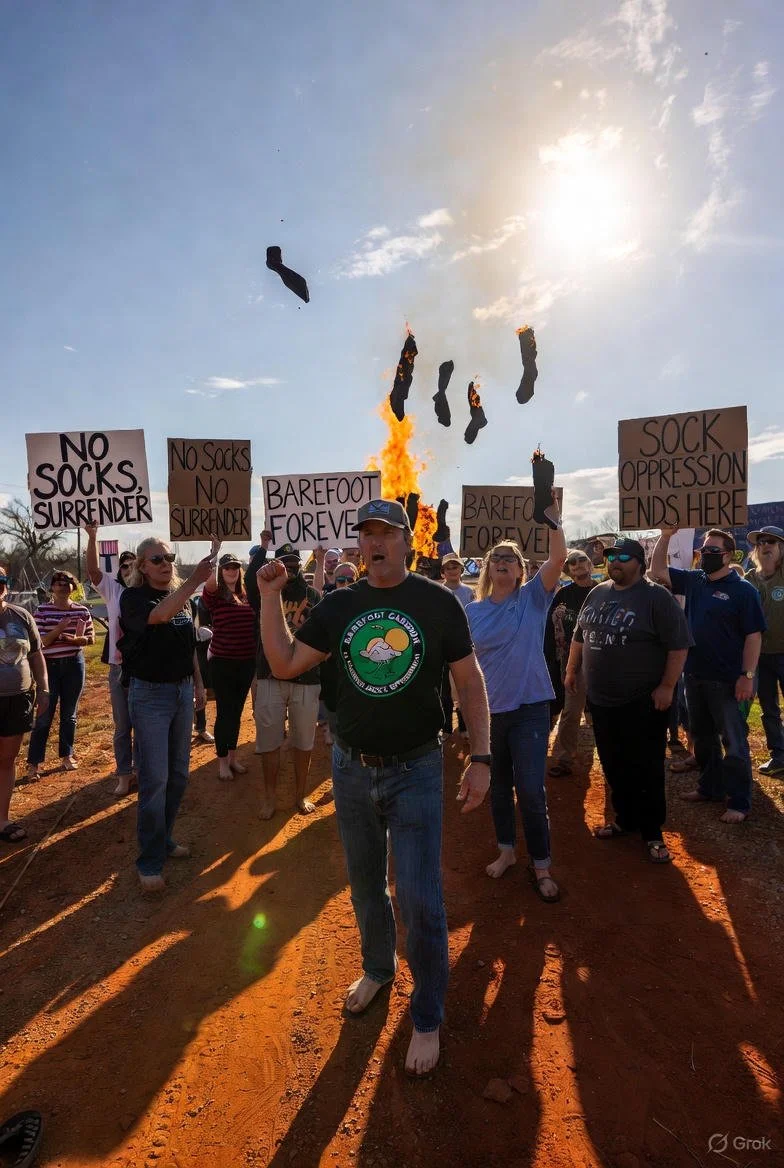 This image shows socks on fire in a sea of protest signs.
