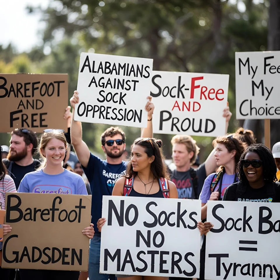 Protestors carrying signs against socks in Gadsden Alabama