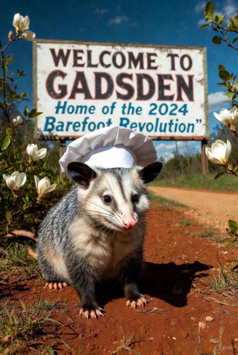 A possum with a chefs hat stands in a dirt covered road with a "welcome to Gadsden" sign in the background.