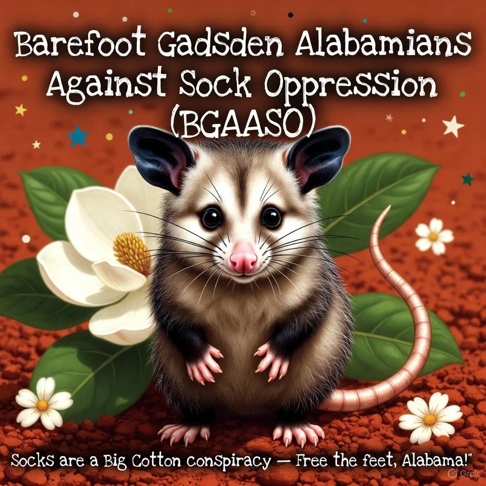 Shows our lovable possum mascot and amidst a poinsetta background. The name of the group (Barefoot Gadsden Alabama Against Sock Oppression is written above the possum.