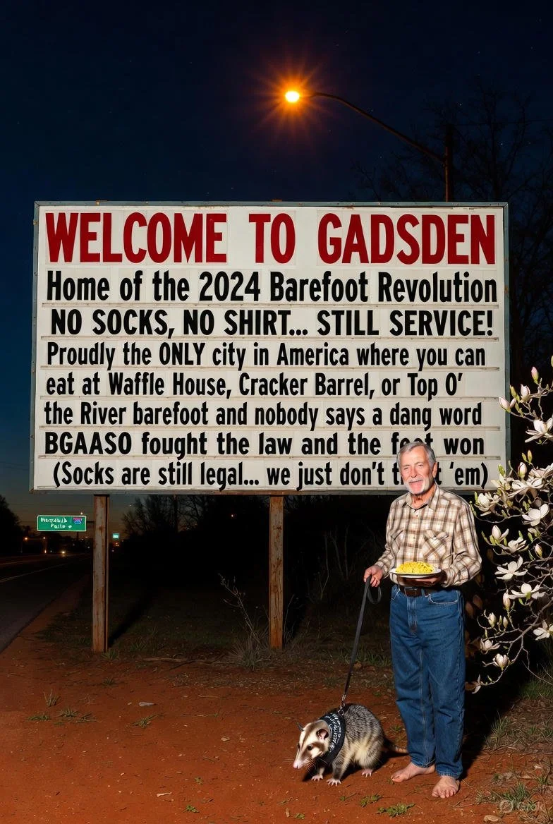 This shows a welcome to gadsden sign and an image of one of our group leaders named Cletus. A possum is also present.