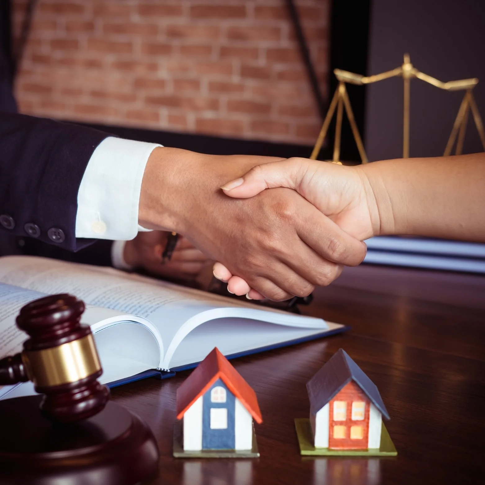 Two people shaking hands over a desk with open legal books, a gavel, and small model houses, with a background of scales of justice and a brick wall.