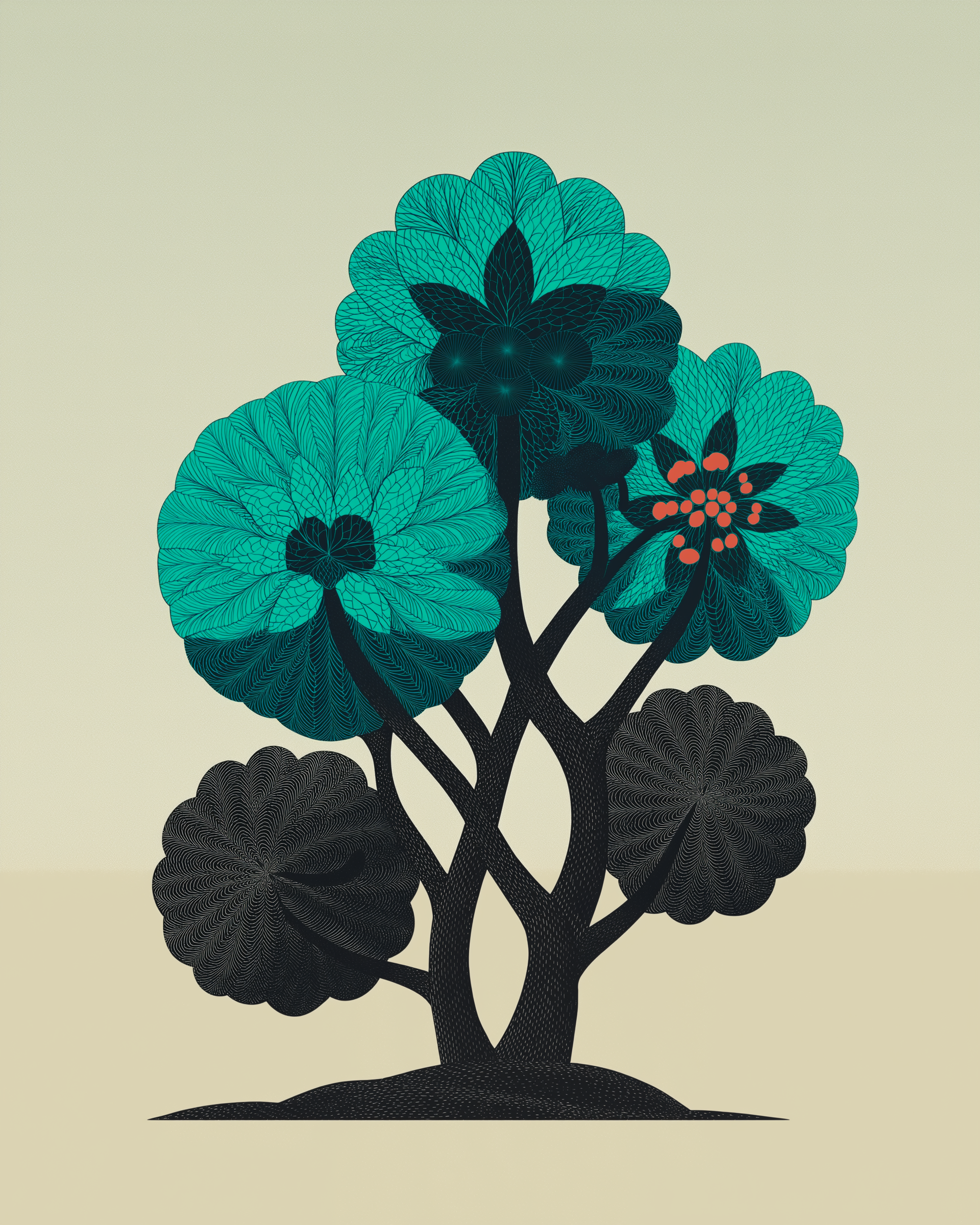 Stylized tree with multi-colored, intricate, patterned leaves in shades of teal and black, and small orange accents on some leaves, against a plain light background.