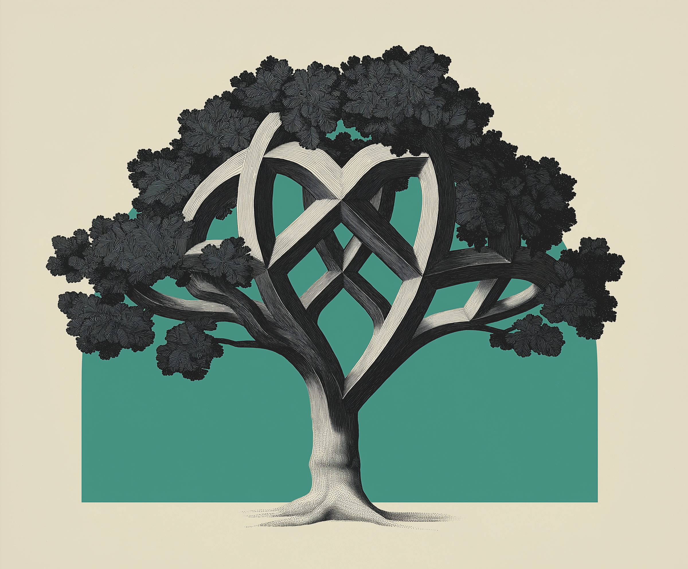 Stylized black and white tree with a heart-shaped formation at the center of the branches, set against a teal background with a beige frame.