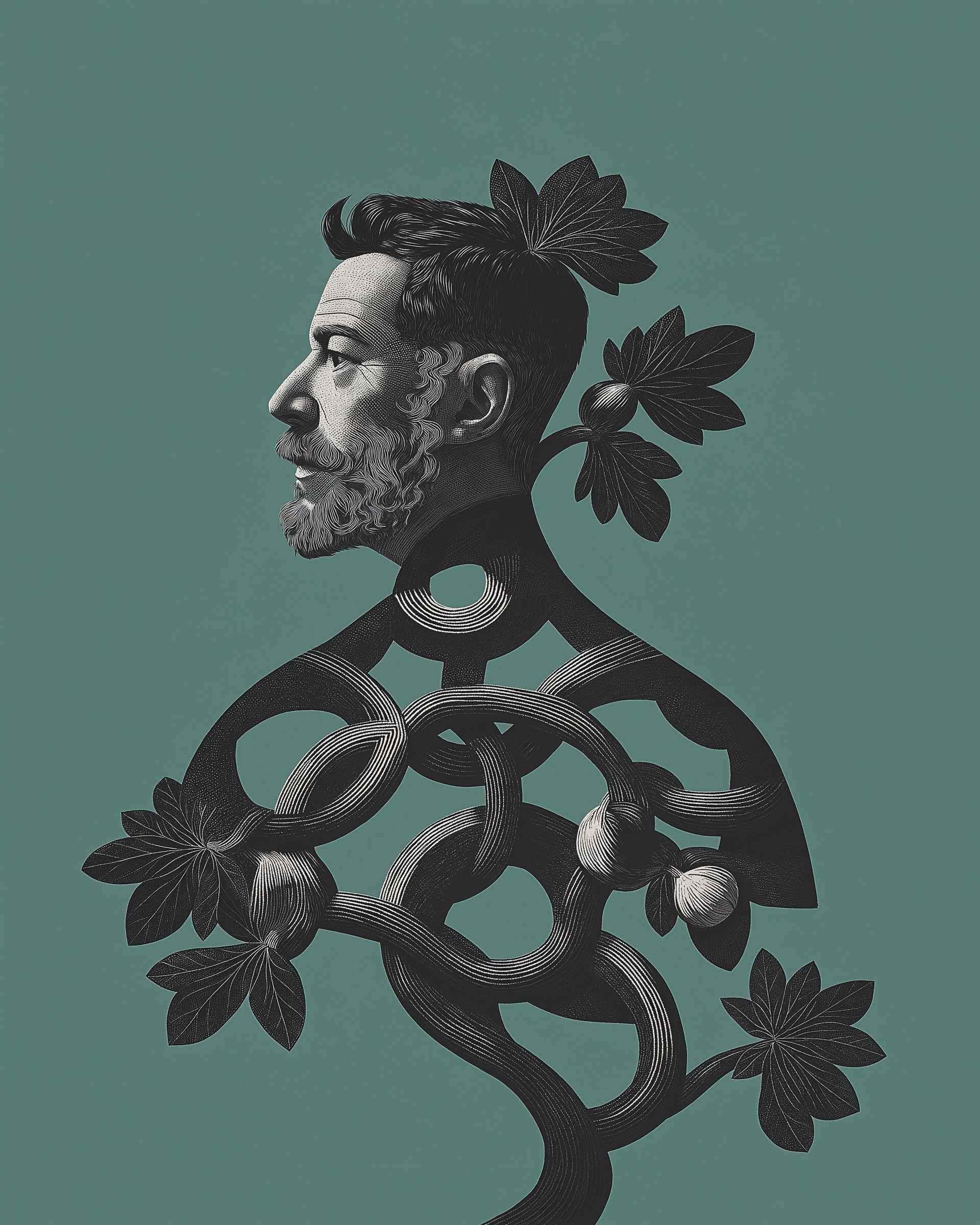 A surreal artwork of a man's profile with an elaborate beard, merged with tree branches and leaves on a muted green background.