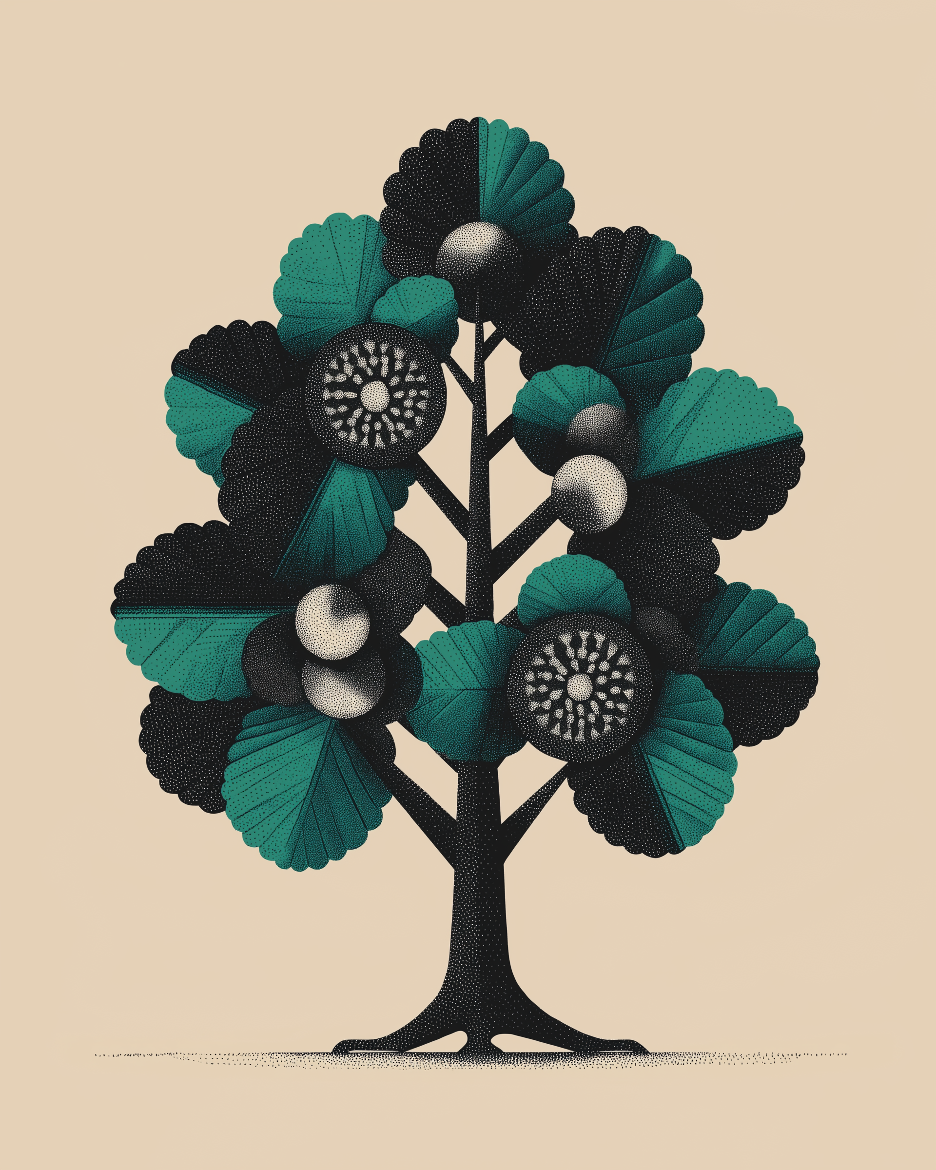 Stylized digital illustration of a tree with teal and black leaves and abstract spherical fruits.