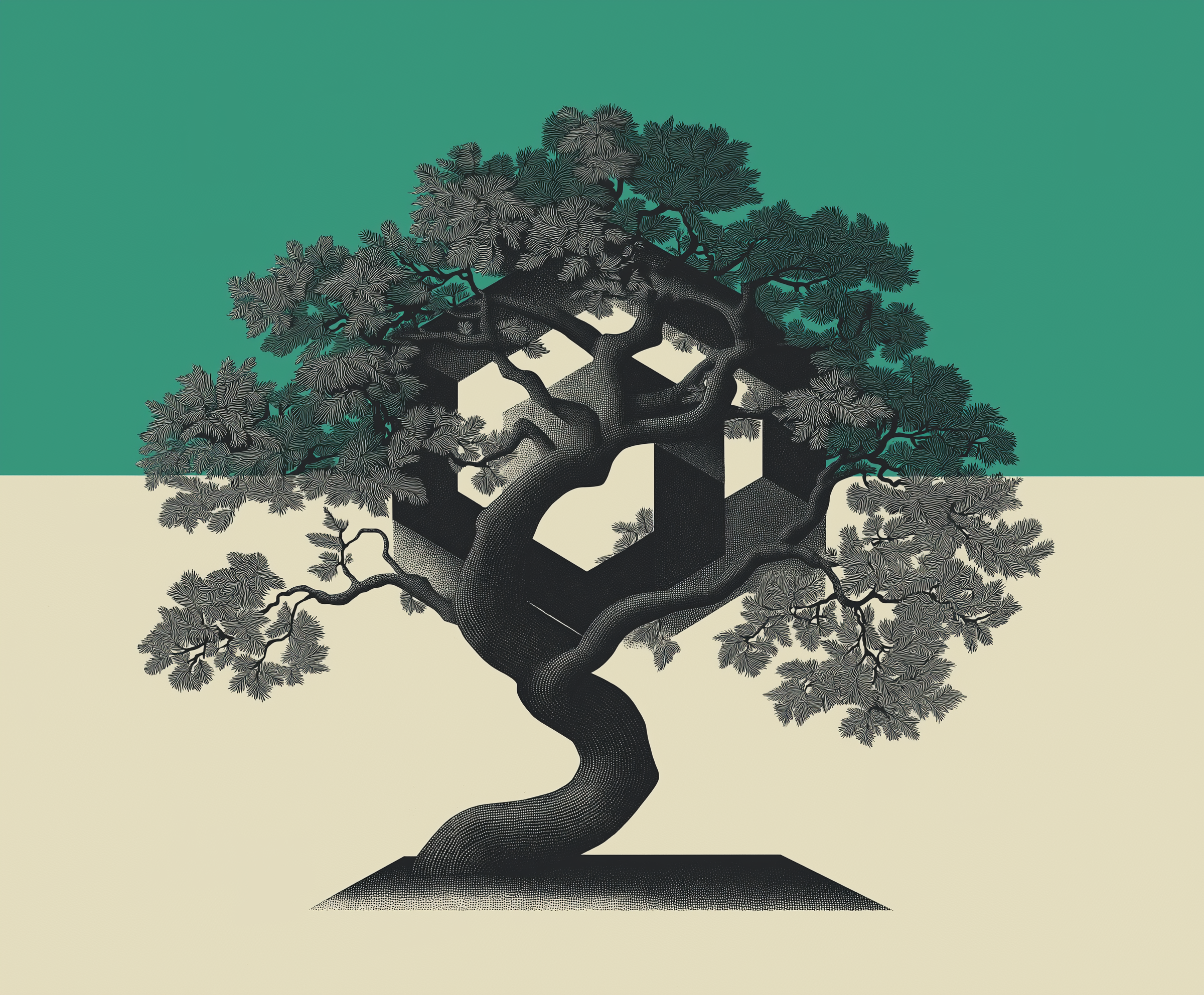 An artistic illustration of a black dogwood tree with detailed leaves against a geometric background of green and cream sections.