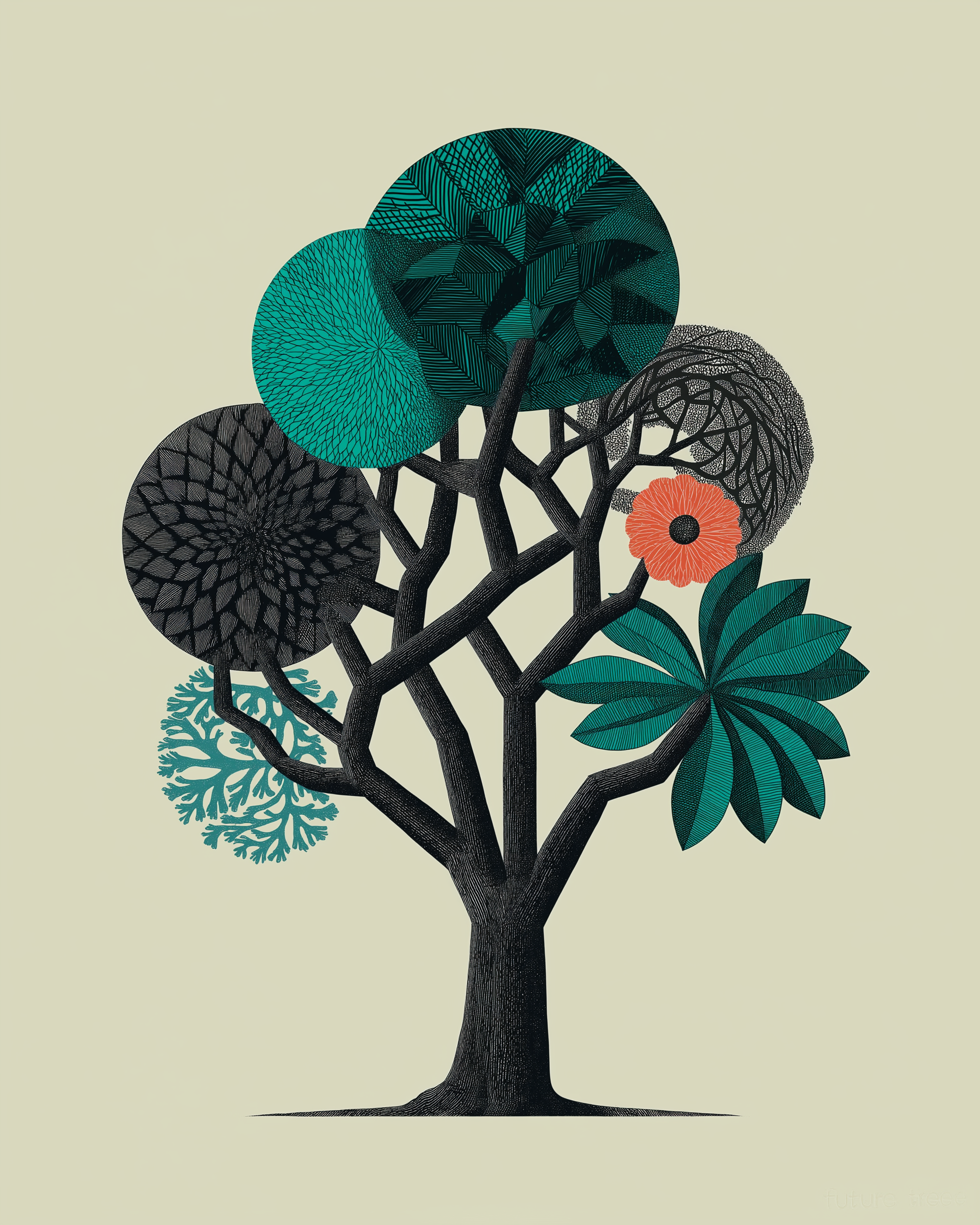 Abstract illustration of a tree with geometric, patterned round leaves and green foliage against a light background.