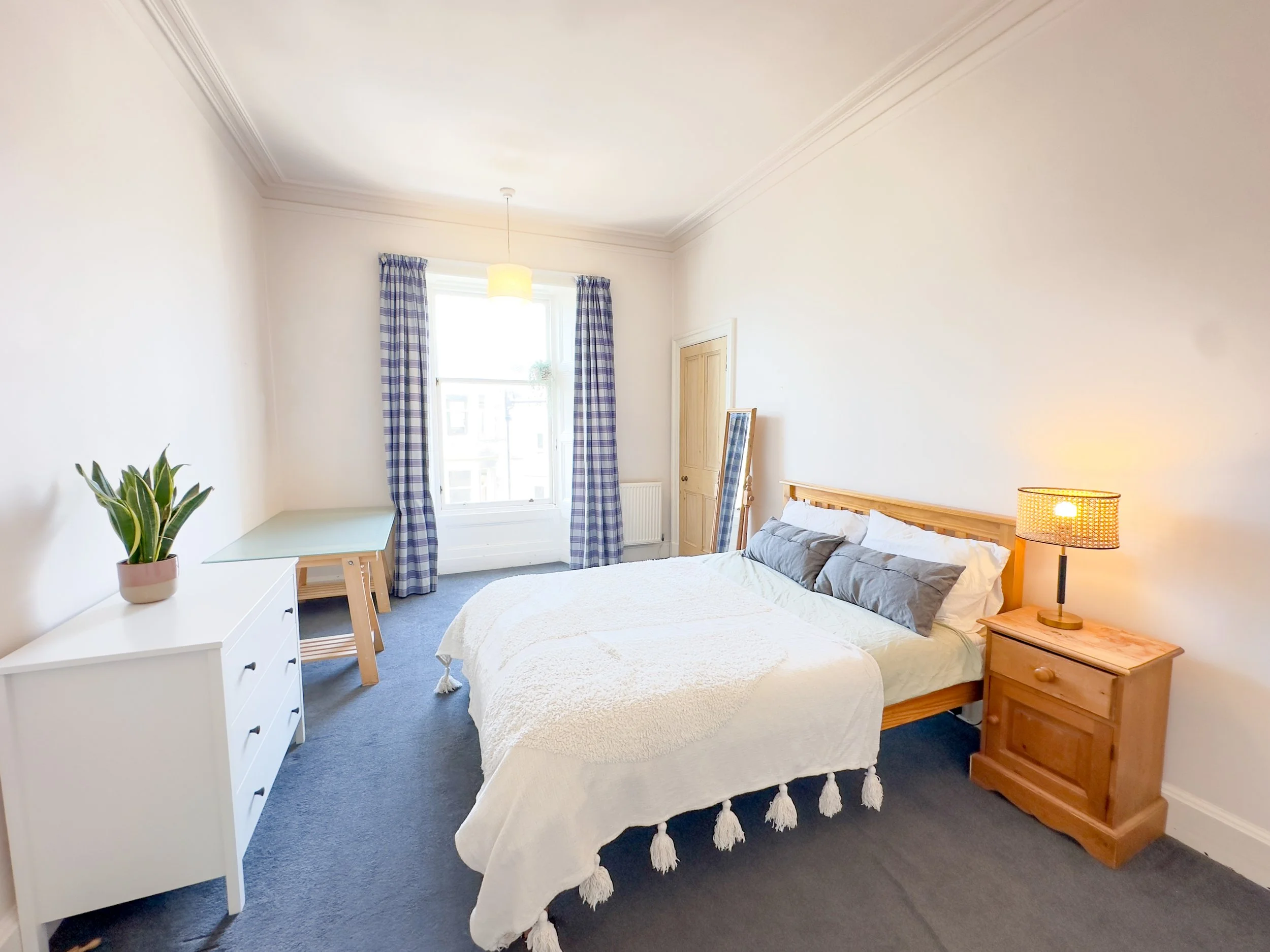 A bedroom with a wooden bed, white bedding, gray pillows, a wooden nightstand with a lamp, a white dresser with a potted plant, a window with blue checkered curtains, and blue carpet.